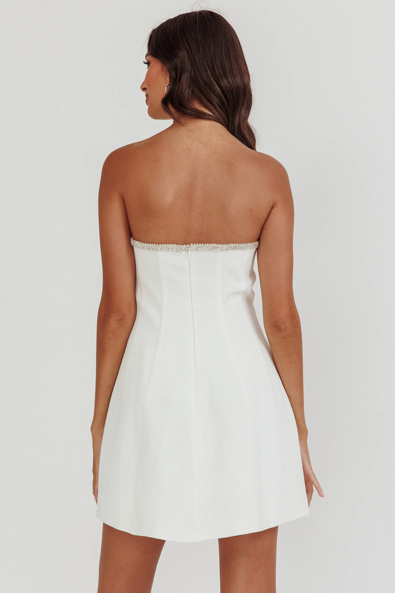 Macaila Rhinestone Trim Strapless Mini Dress Off White - luluinthesky