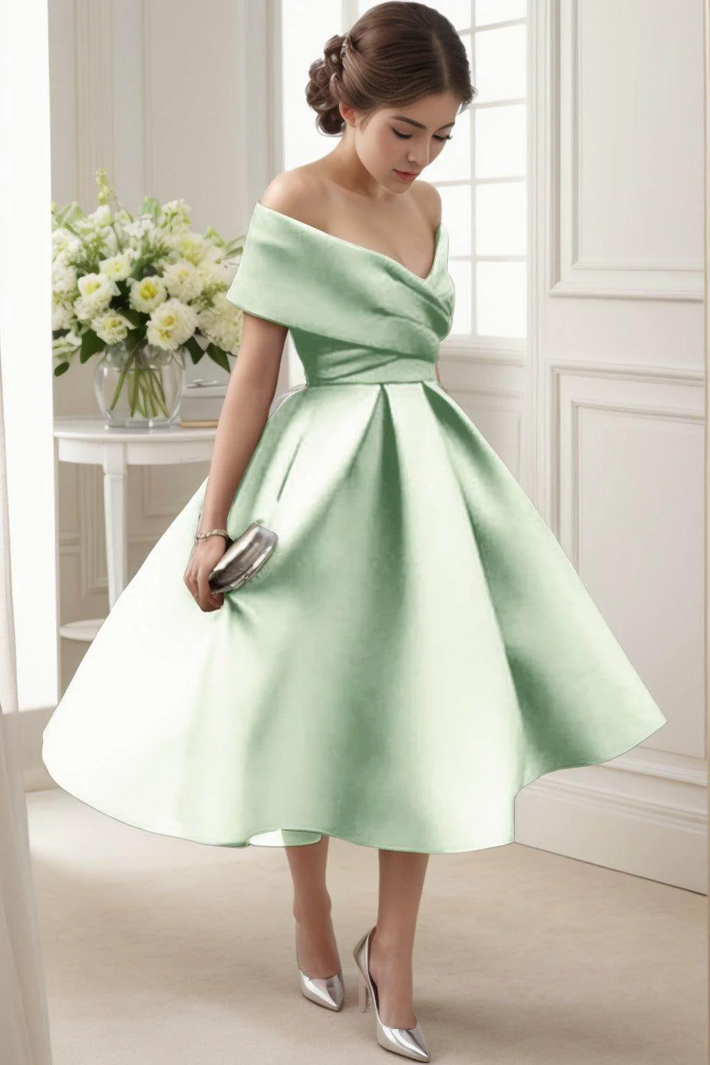 A-Line Tea Length Satin Graduation Dresses CS0556