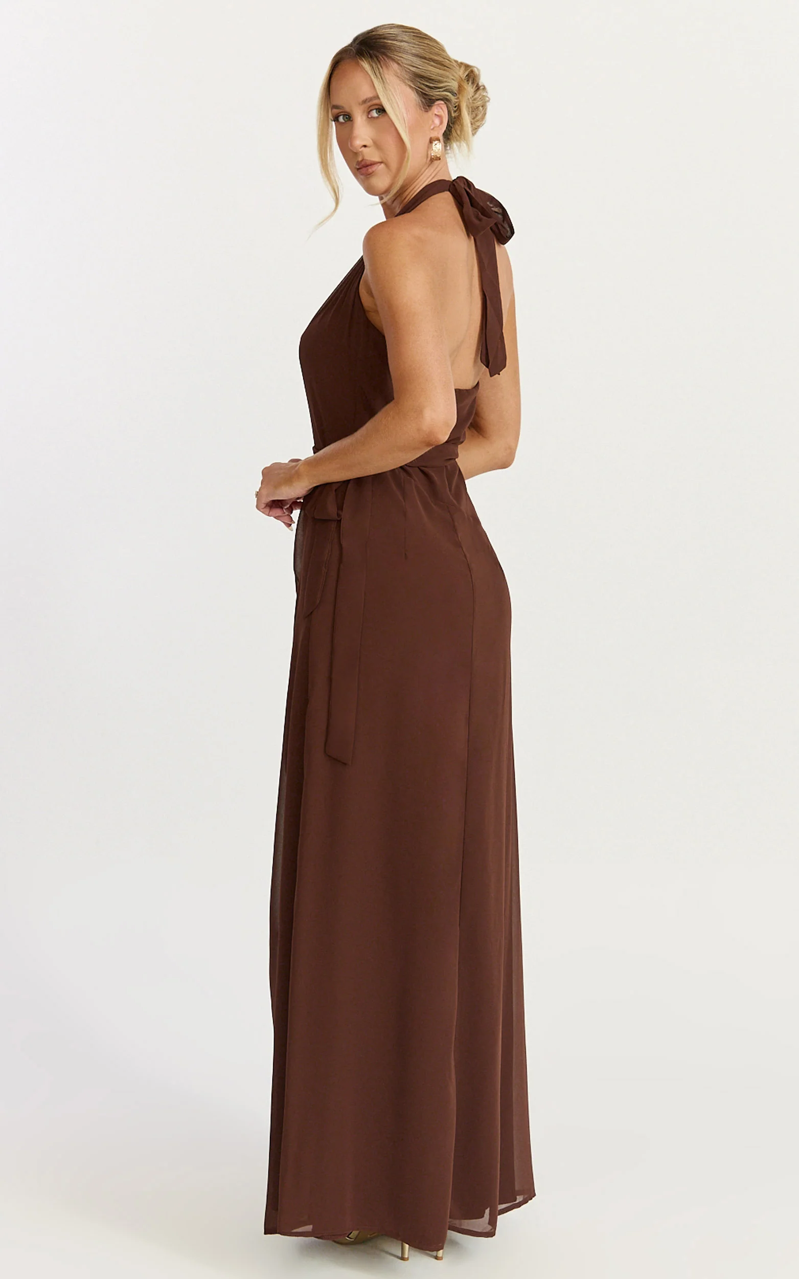 Eva Maxi Dress - Plunge Halter Wrap Dress in Chocolate