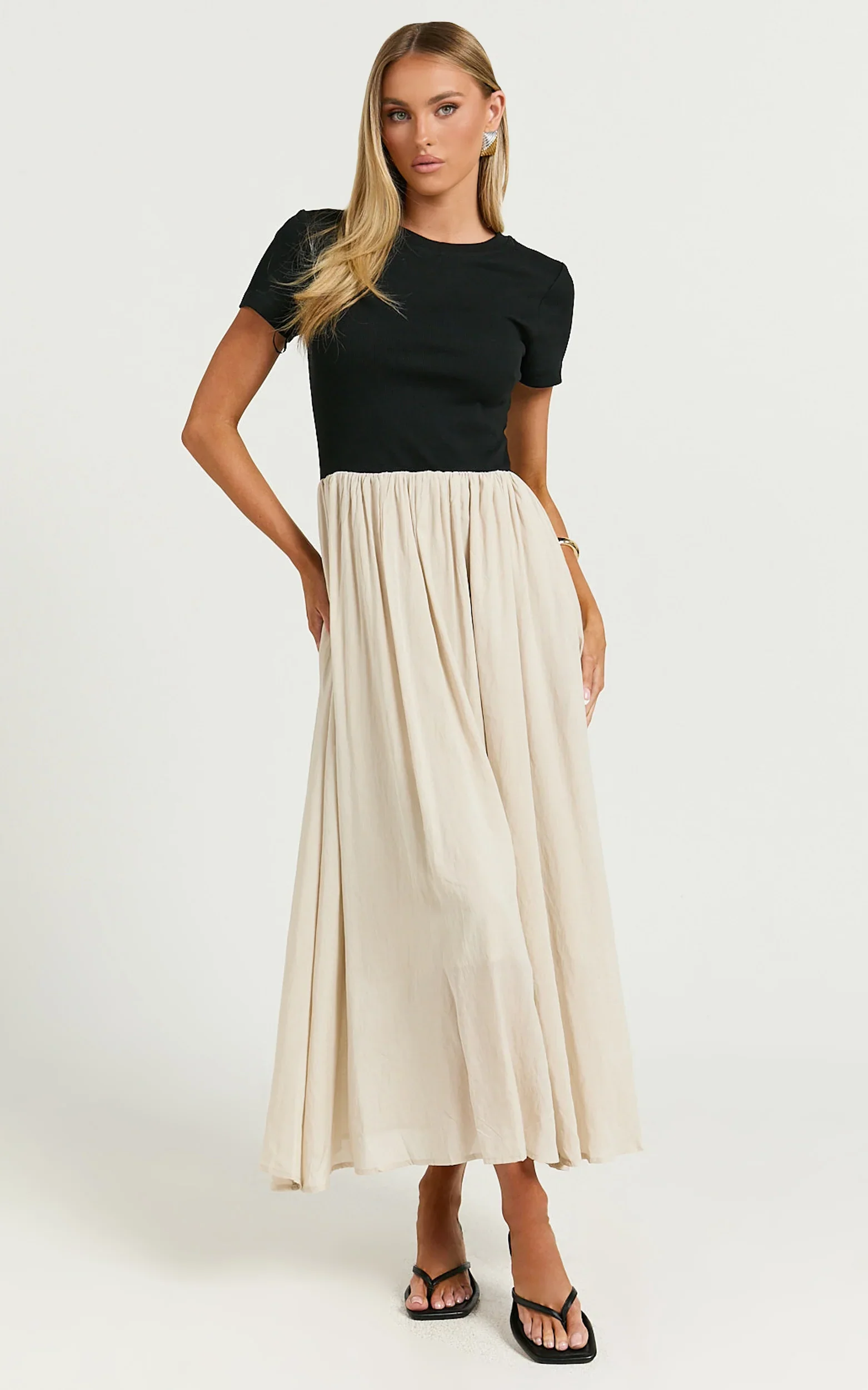 Hermie Midi Dress - Short Sleeve Contrast Dress in Black & Beige