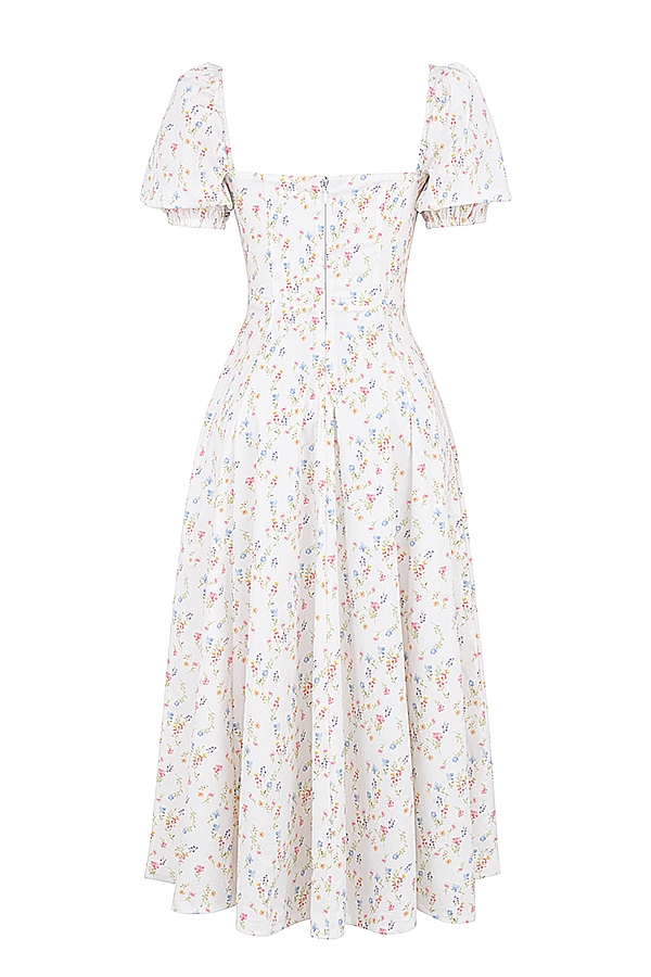 White Posy Print Cotton Puff Sleeve Midi Sundress