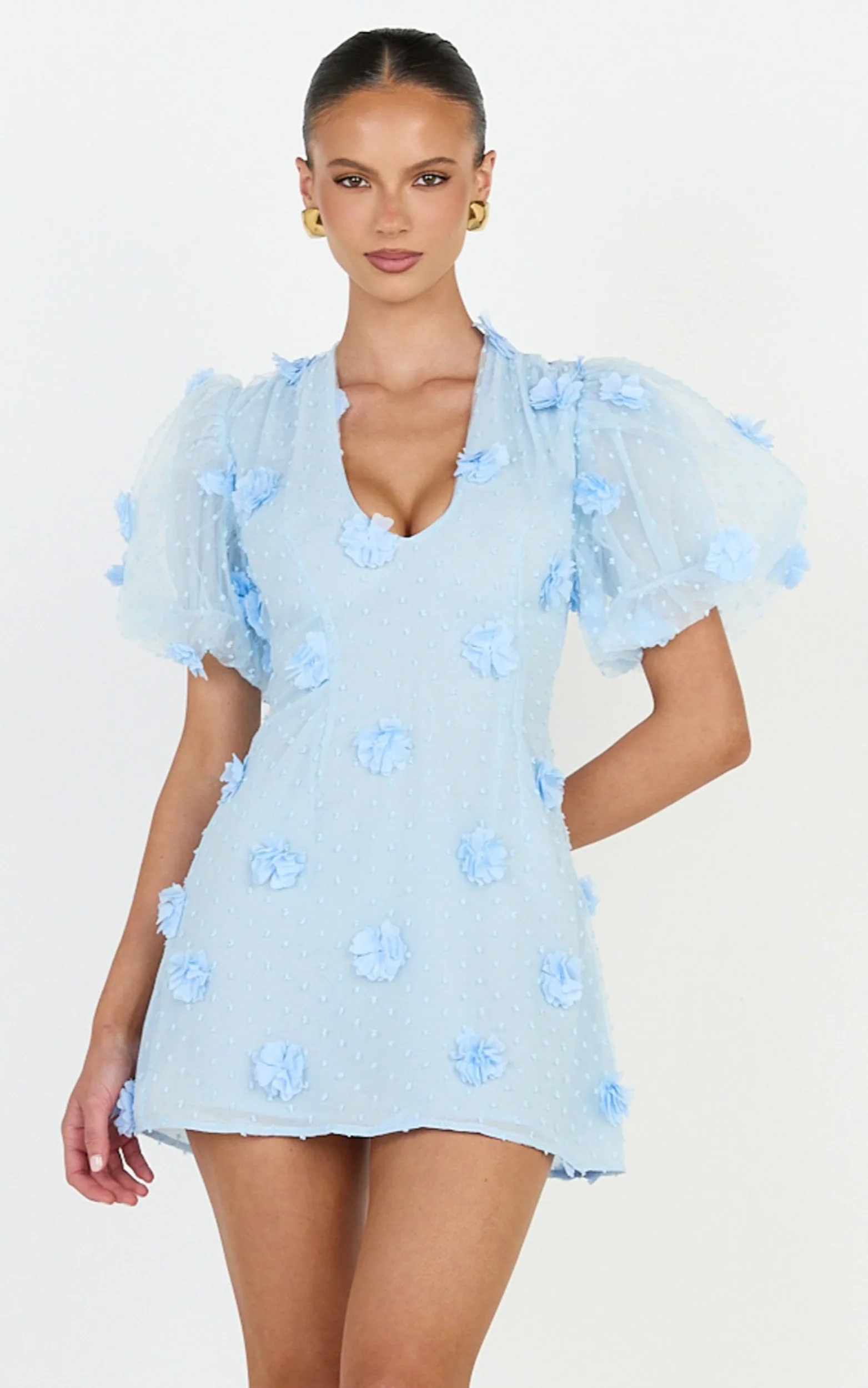 Azalea Mini Dress - Puff Sleeve 3D Floral A Line Dress in Pale Pink