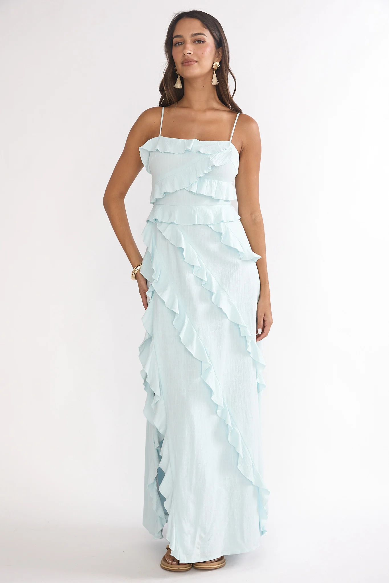 Arrabel Ruffle Split Maxi Dress Blue