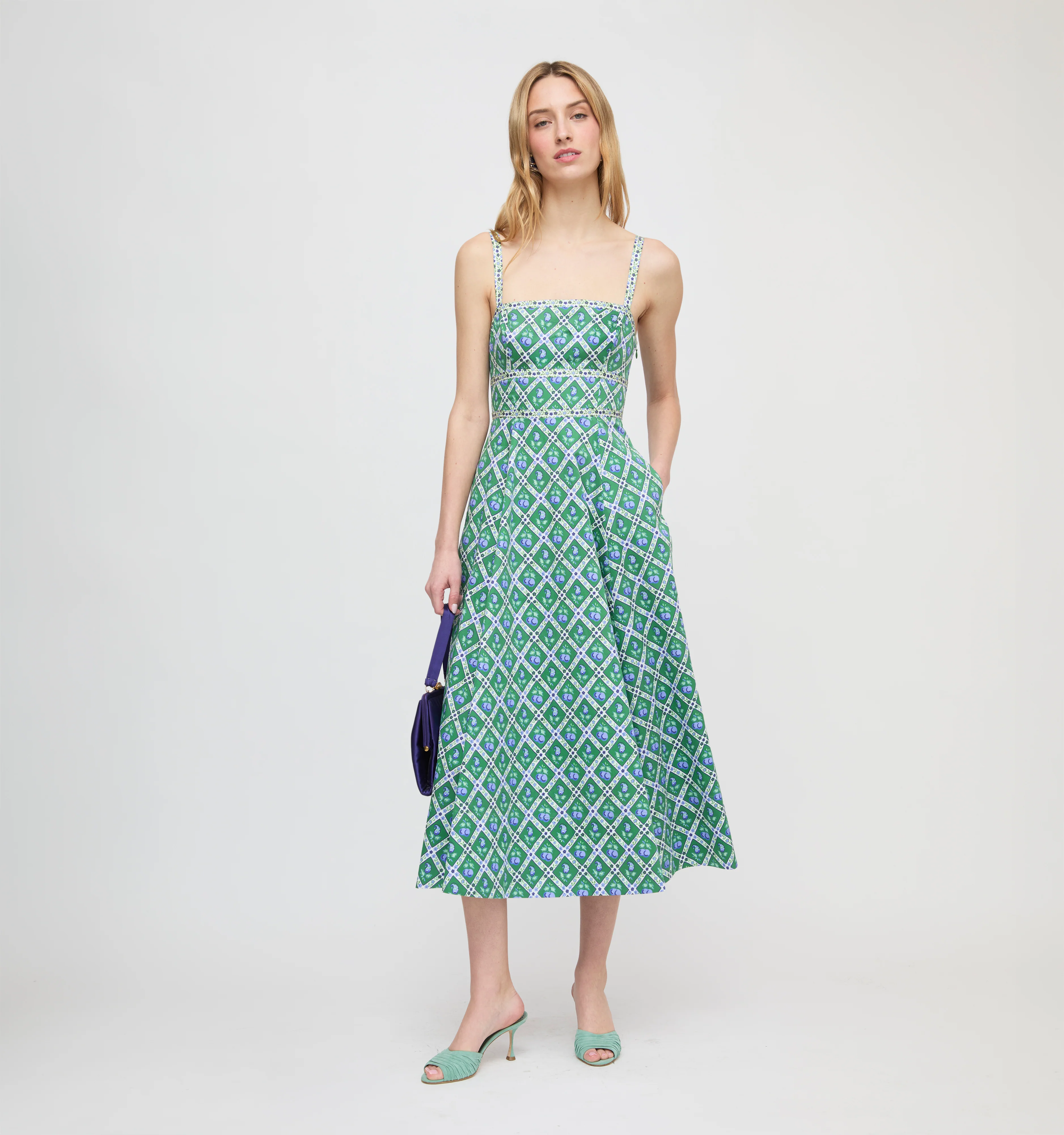 The Margot Dress - Diamond Cherries Grass Green