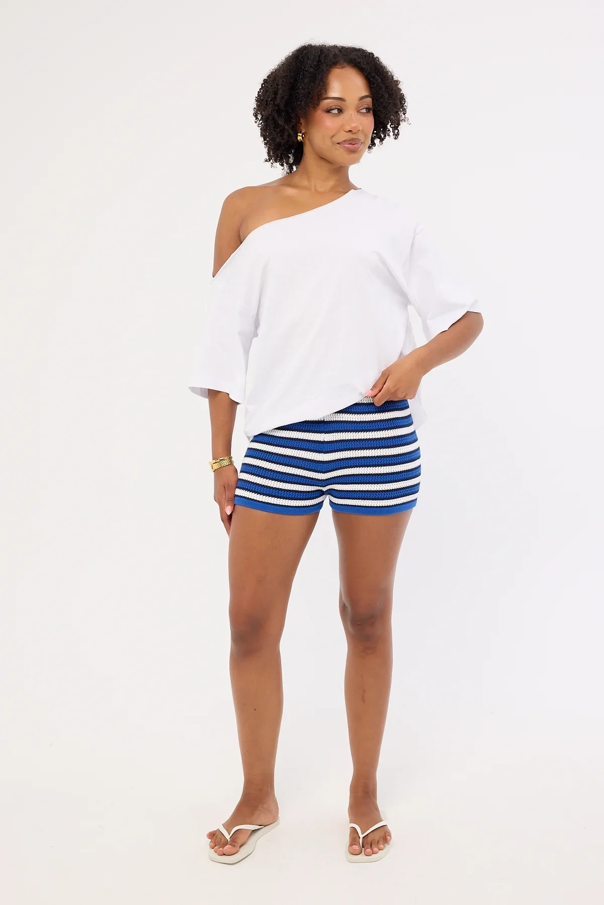 Perfect Stranger Dawn Crochet Mini Shorts Blue Stripe