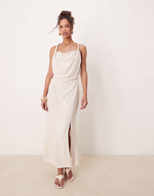 linen mix twist shoulder detail midi dress with ruching in oat