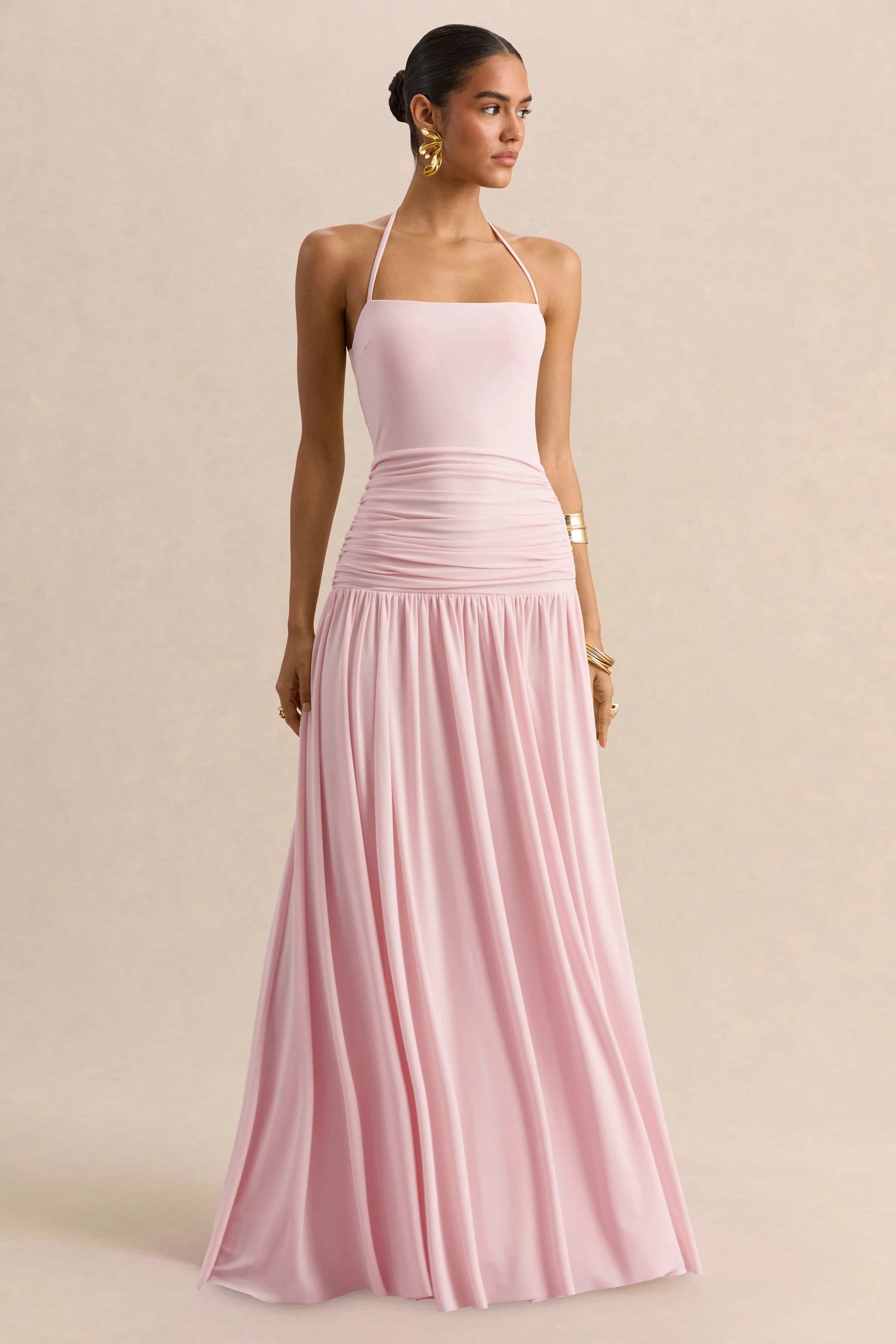 Nicolette | Pink Square-Neck Maxi Dress With Ruched-Detailing
