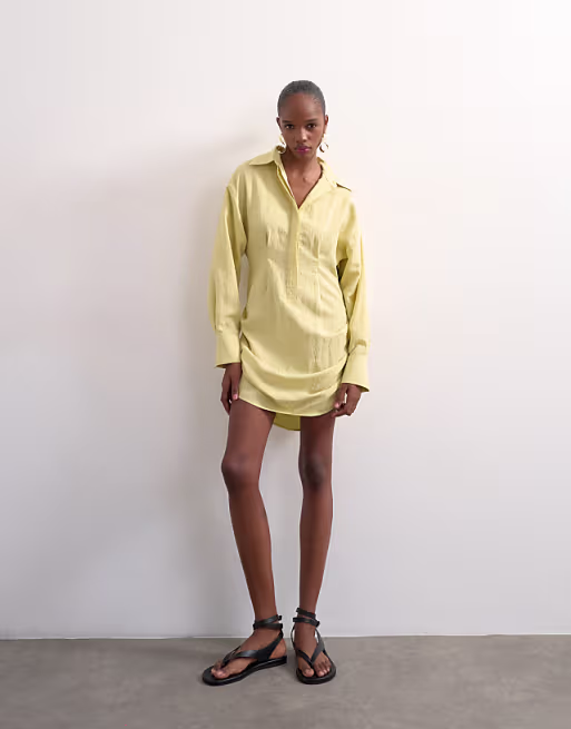 Topshop gathered skirt mini shirt dress in yellow