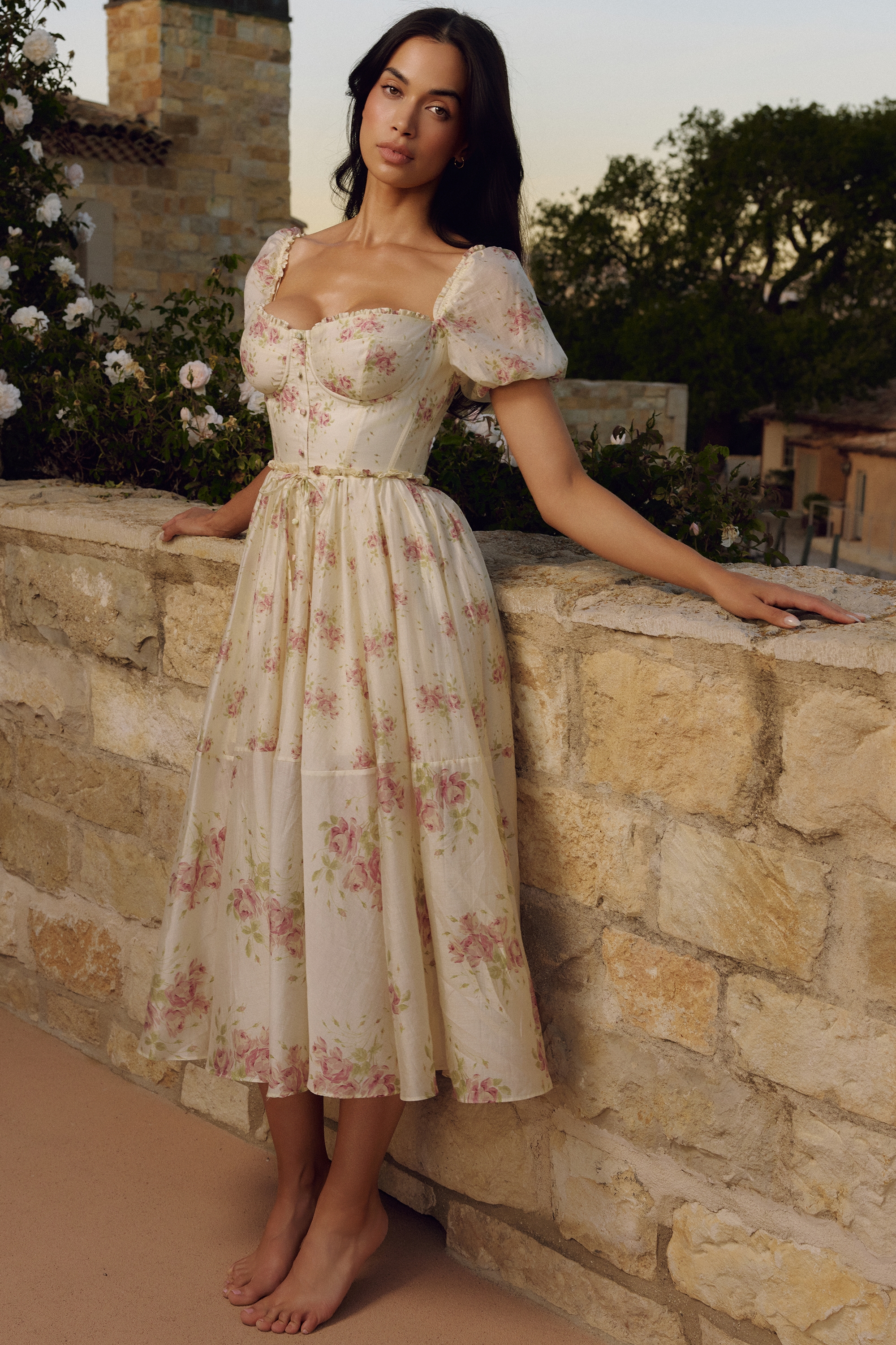 ivory vintage rose print chiffon midi dress