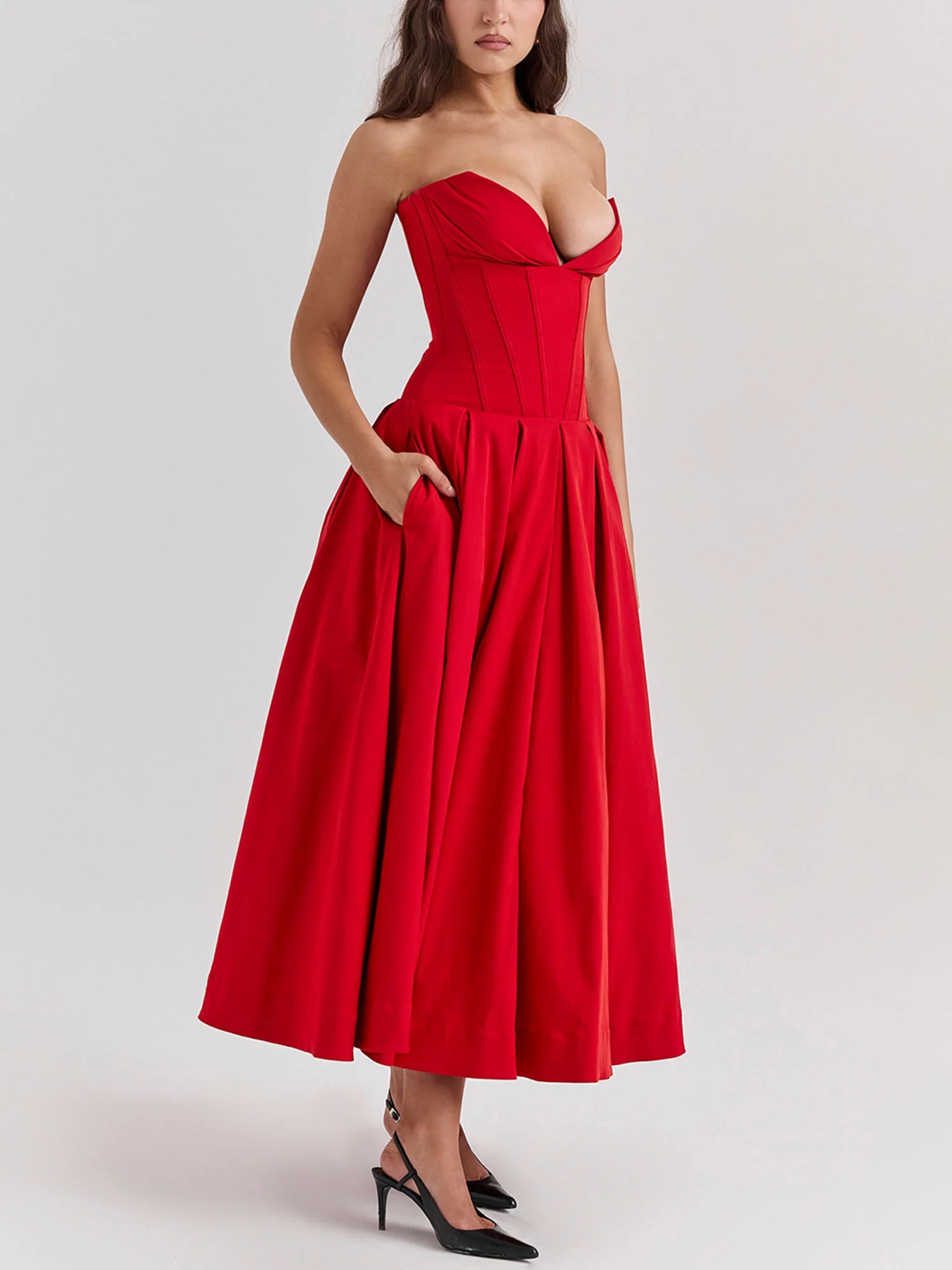 Red Strapless Fit-and-Flare Midi Dress