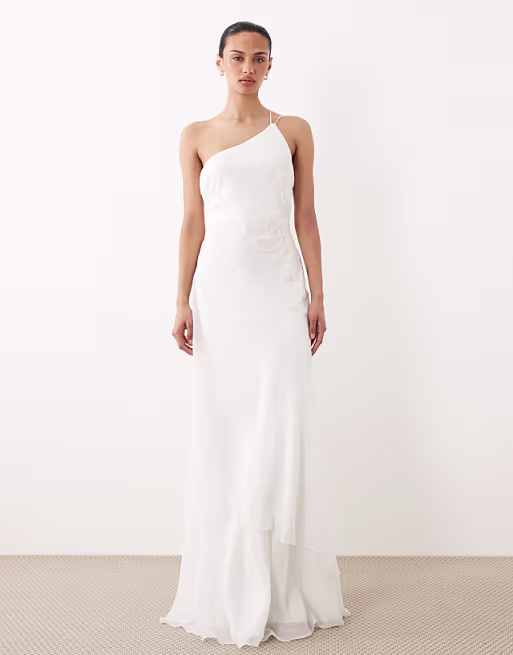 Six Stories chiffon one shoulder embellished detail tiered maxi dress in white