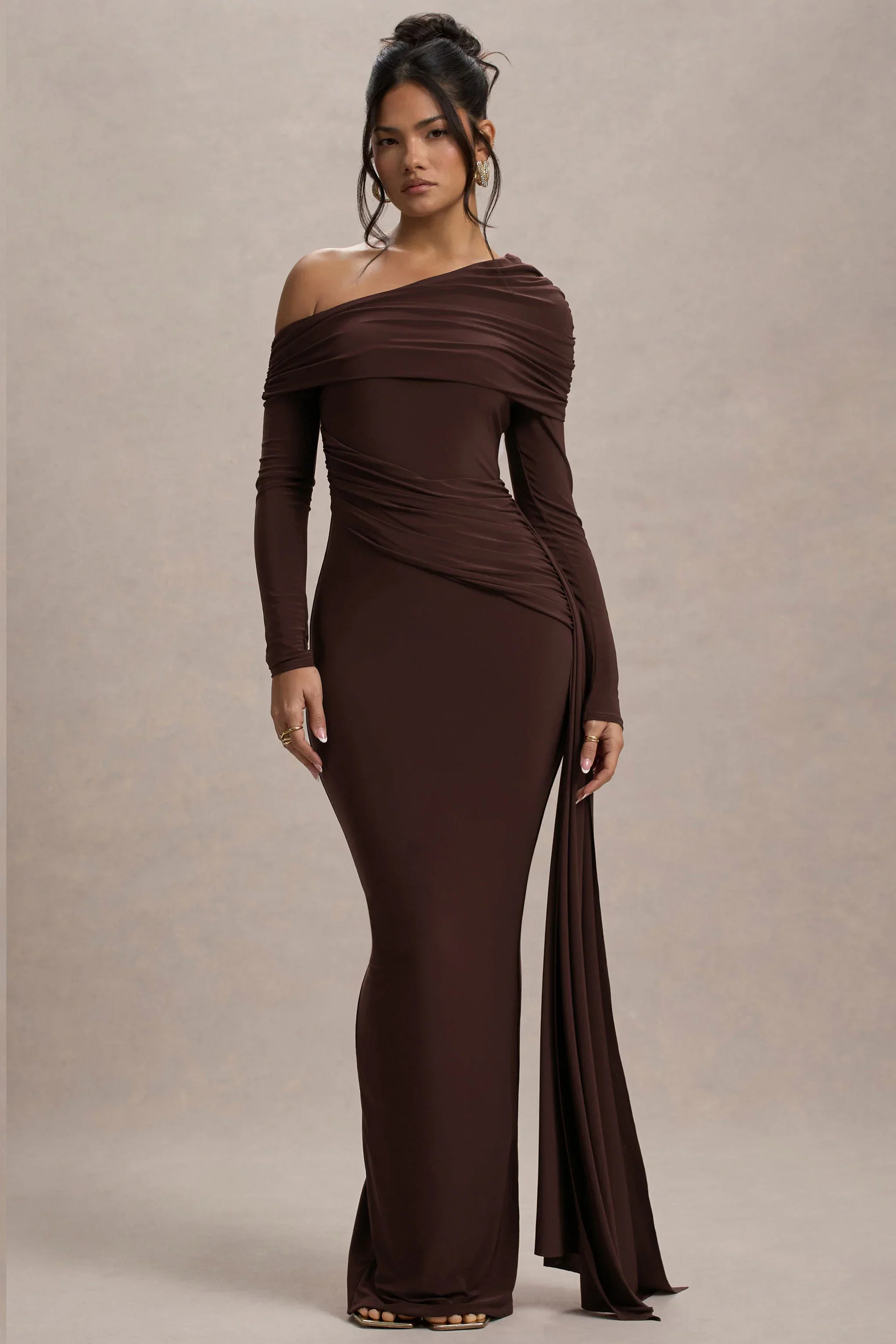 Valina | Brown Ruched Asymmetric Maxi Dress With Drape