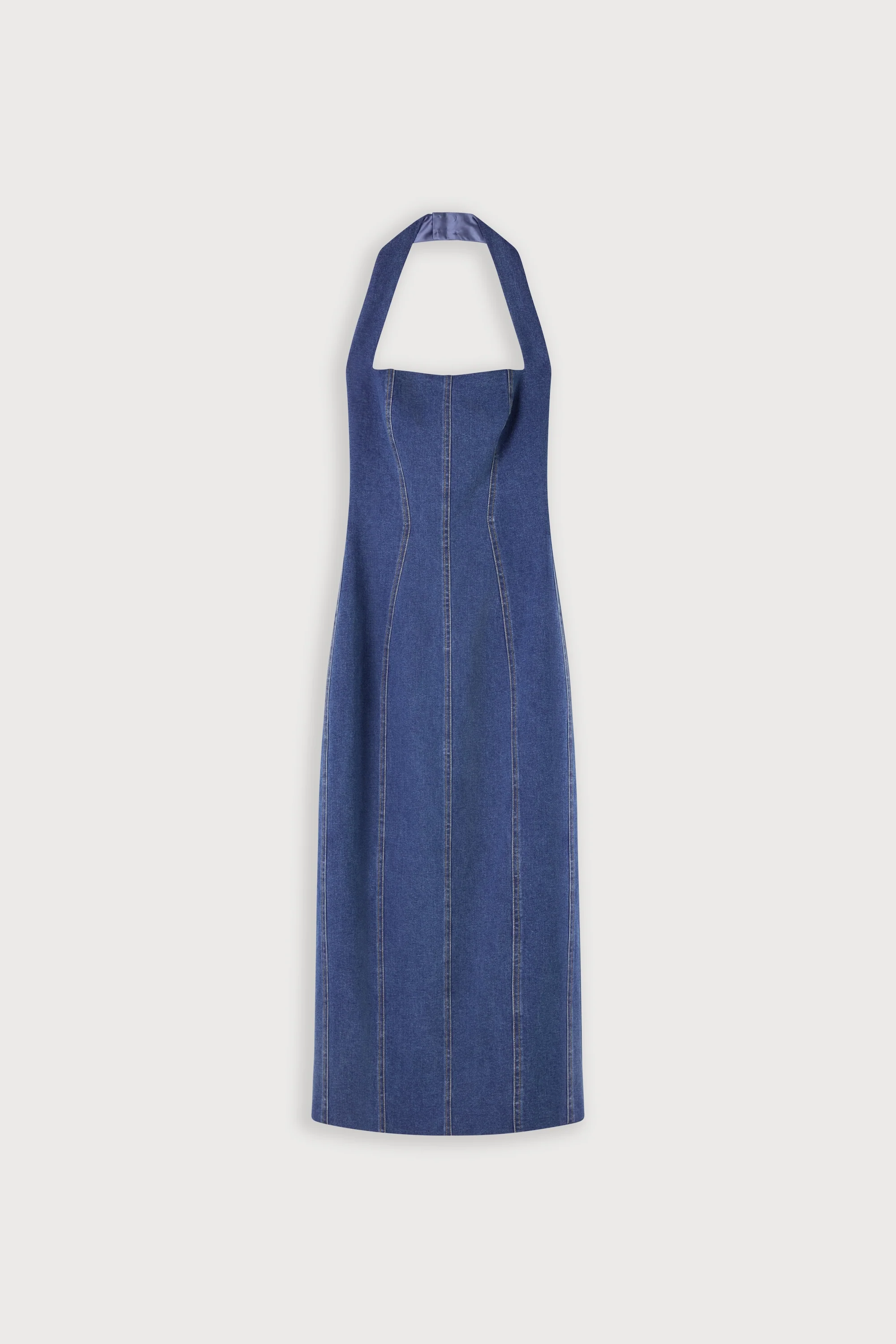 Cotton Mix Denim Halter Midi Dress