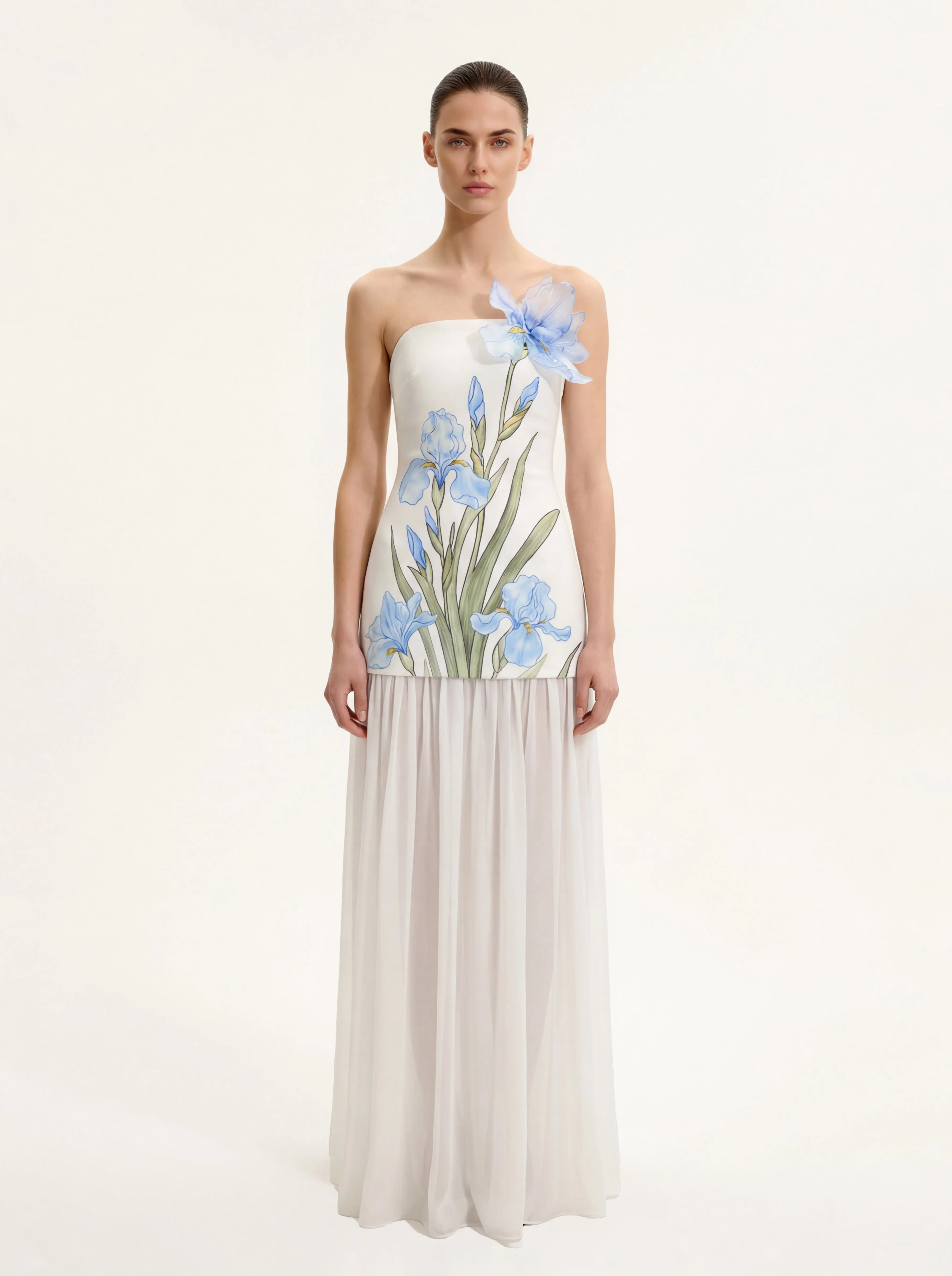 Floral Print Strapless Mixed Maxi Dress - Ivory