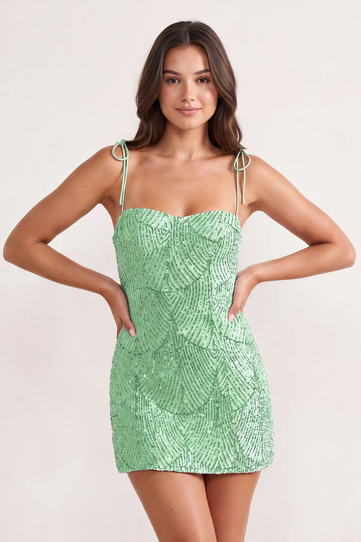 Pink Sparkly Sequin Sheath Bow Spaghetti Straps Homecoming Dress