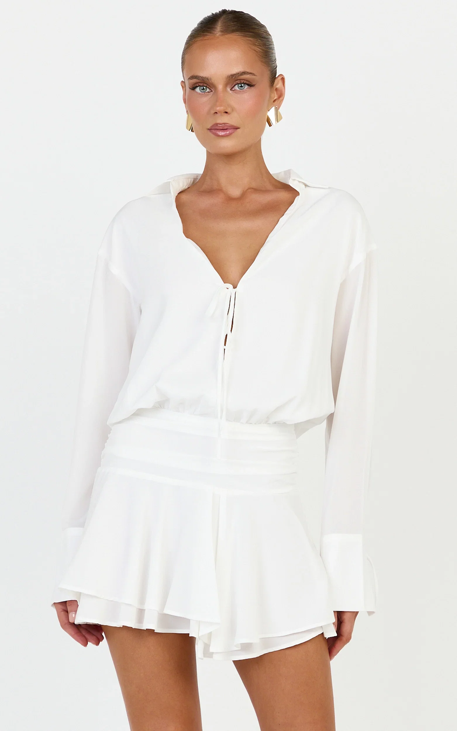 Melanie Mini Dress - Tie Front Long Sleeve Shirt Dress in White