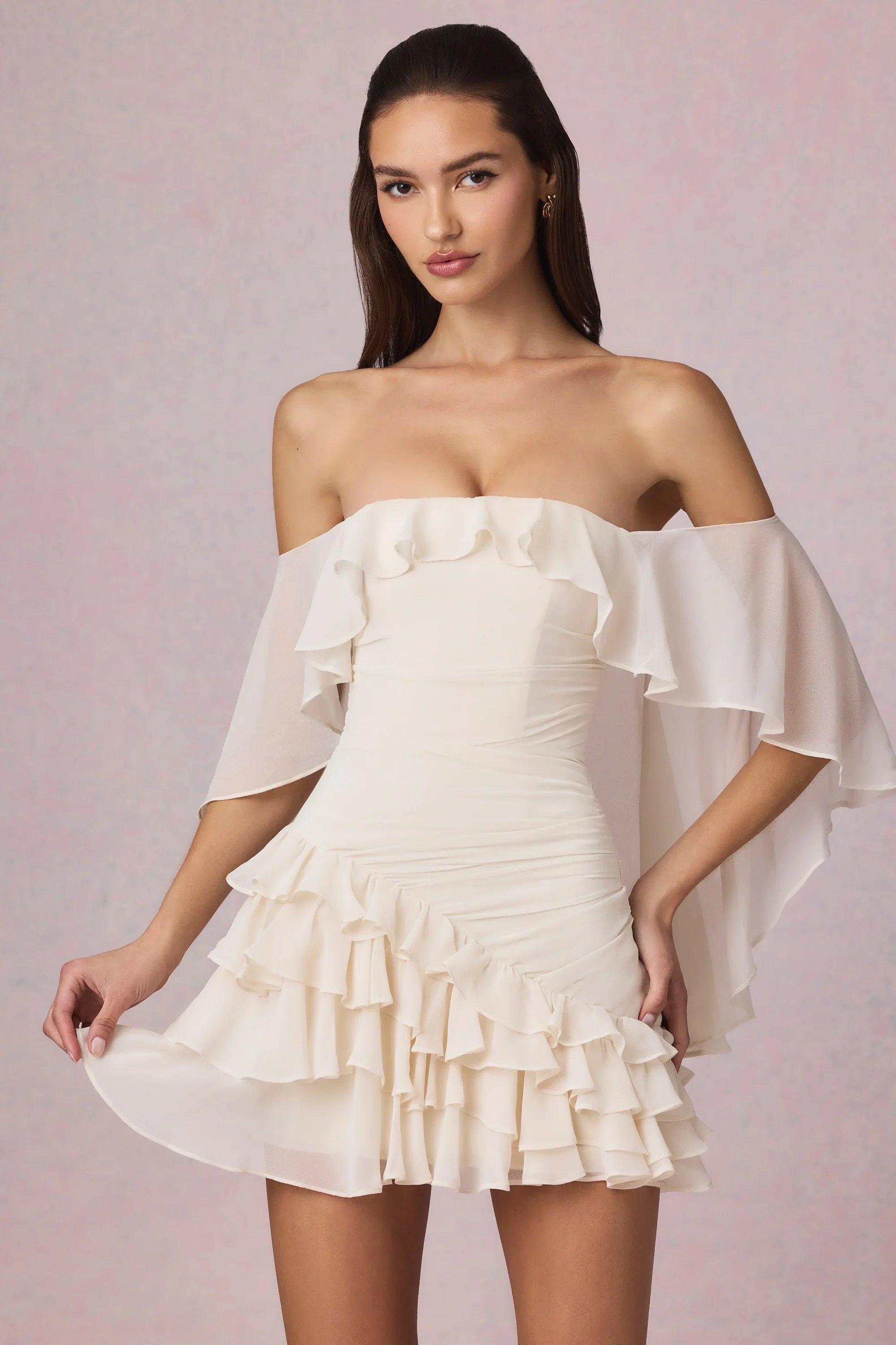 Off-Shoulder Ruffled Mini Dress in Ivory