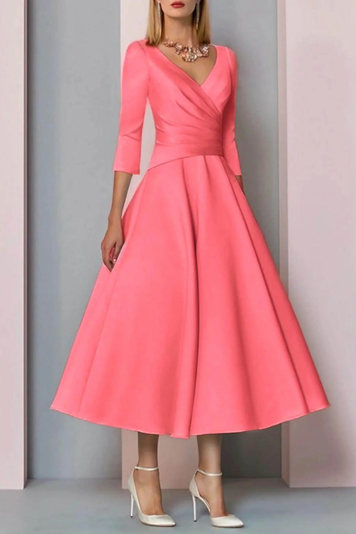 A-Line Tea Length Satin Mother Dress CM0081