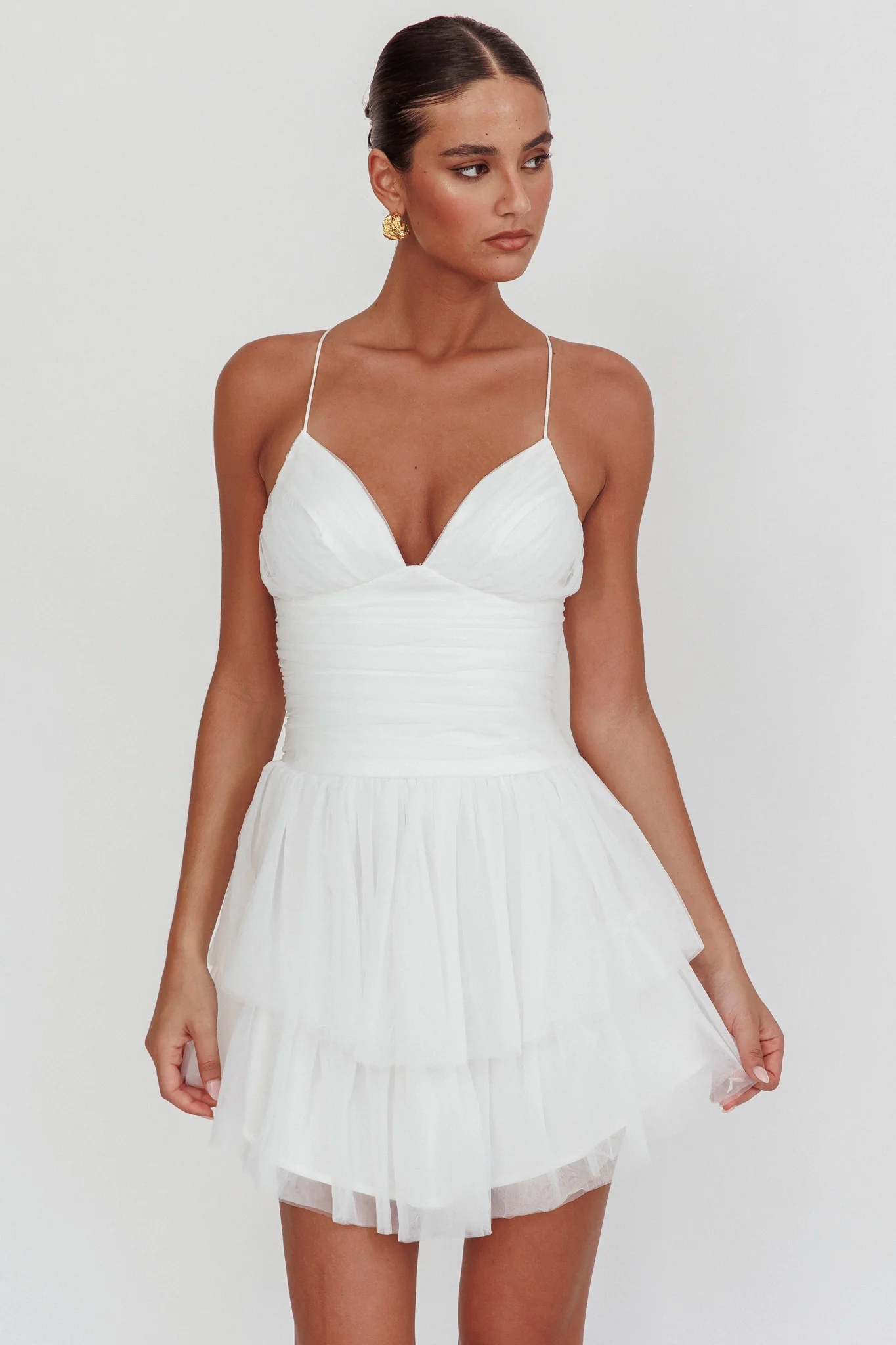 Nightingale Ruched Mesh Mini Dress White - luluinthesky