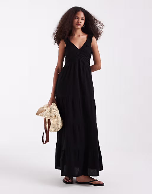 Vero Moda cotton ruched plunge front tiered maxi dress in black