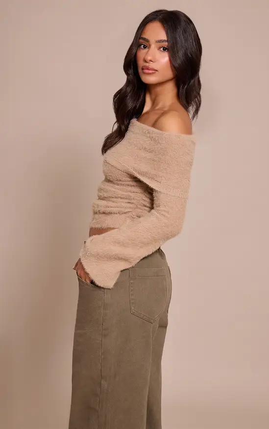 Beige Petite Fluffy Beige Bardot Knitted Jumper