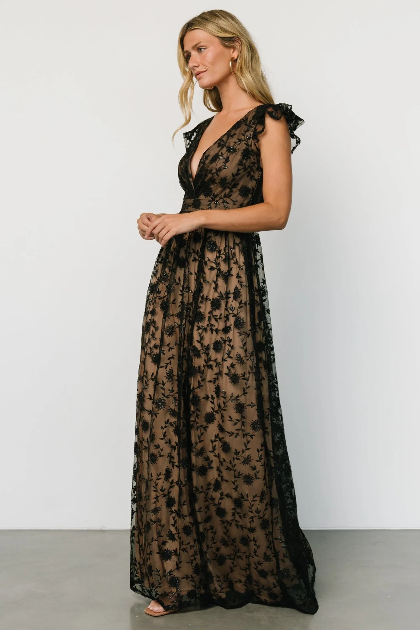 Alexa Embroidered Sequin Maxi Dress | Black + Nude - luluinthesky