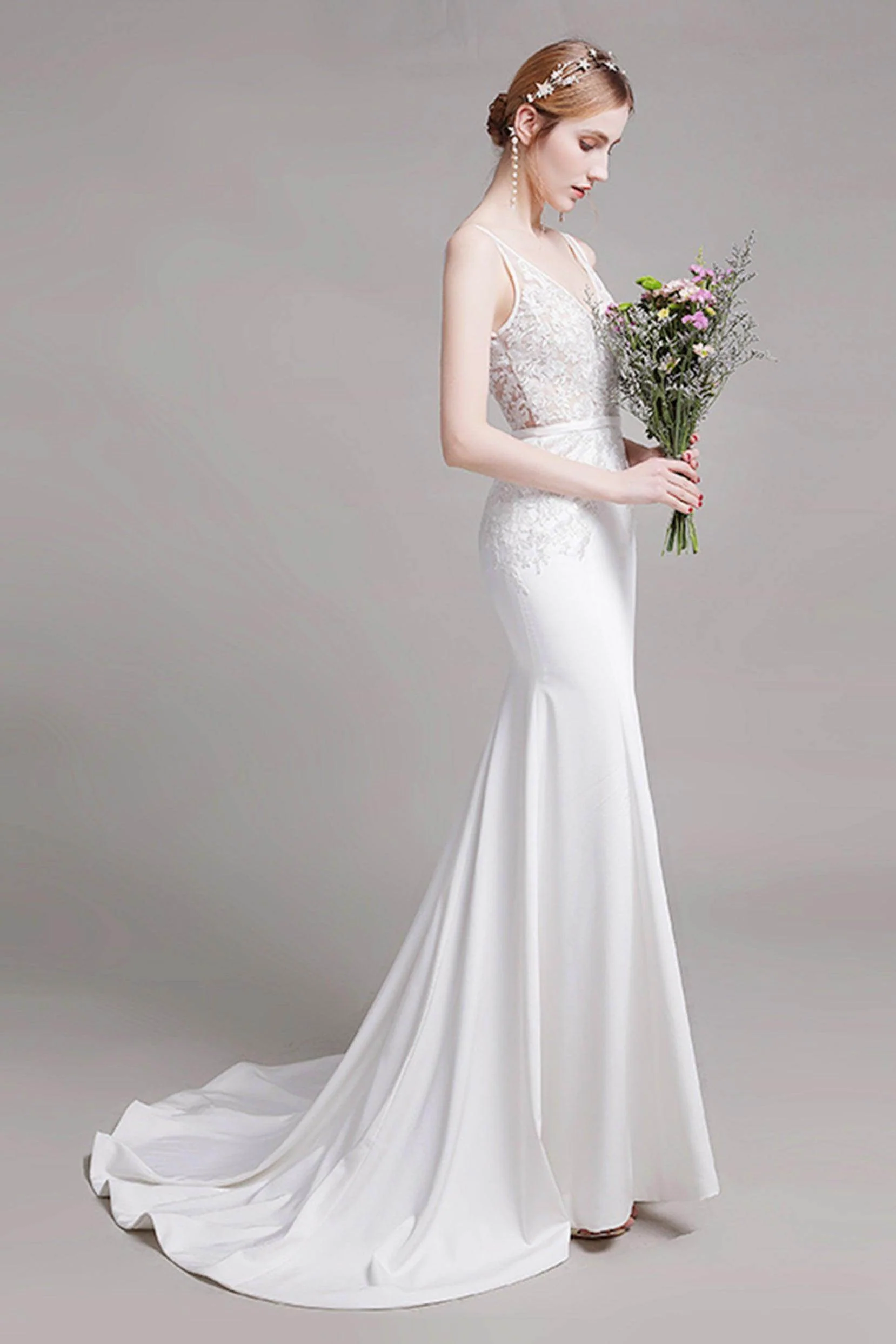 Mermaid Sweep Train Lace Stretch Satin Wedding Dress CW2762