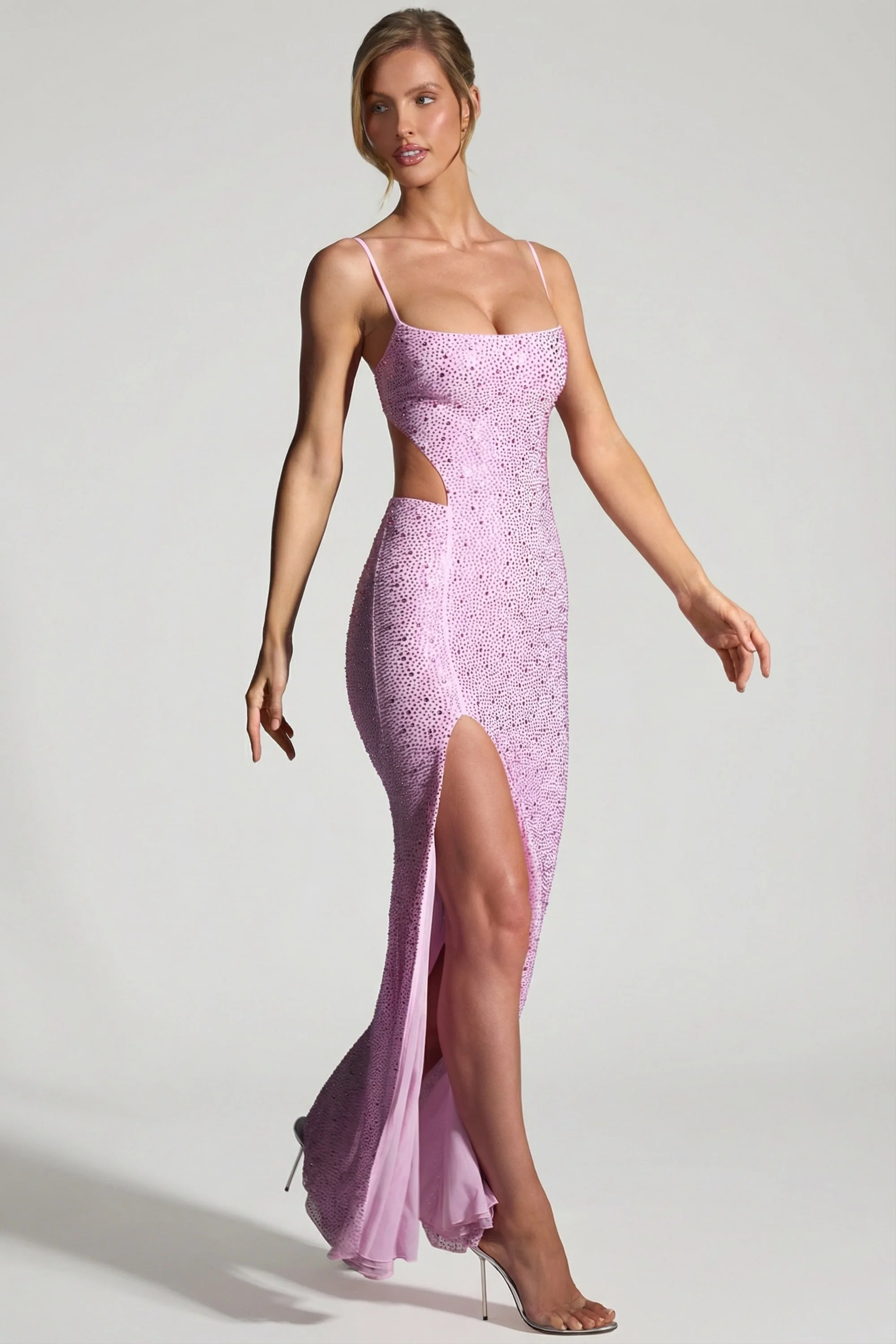 Embellished Cut-Out Fishtail Maxi Dress in Peony Pink