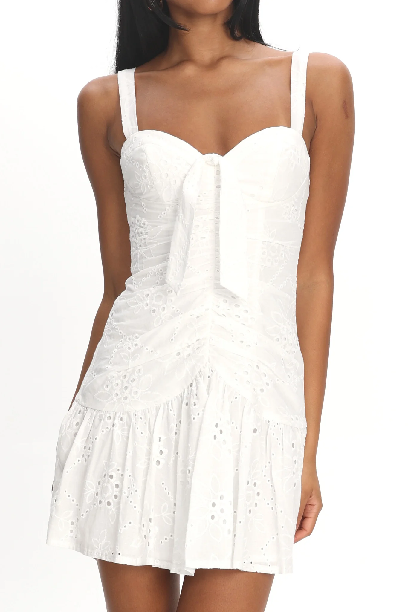 Rachelle Tied Bust Ruched Mini Dress Eyelet White - luluinthesky