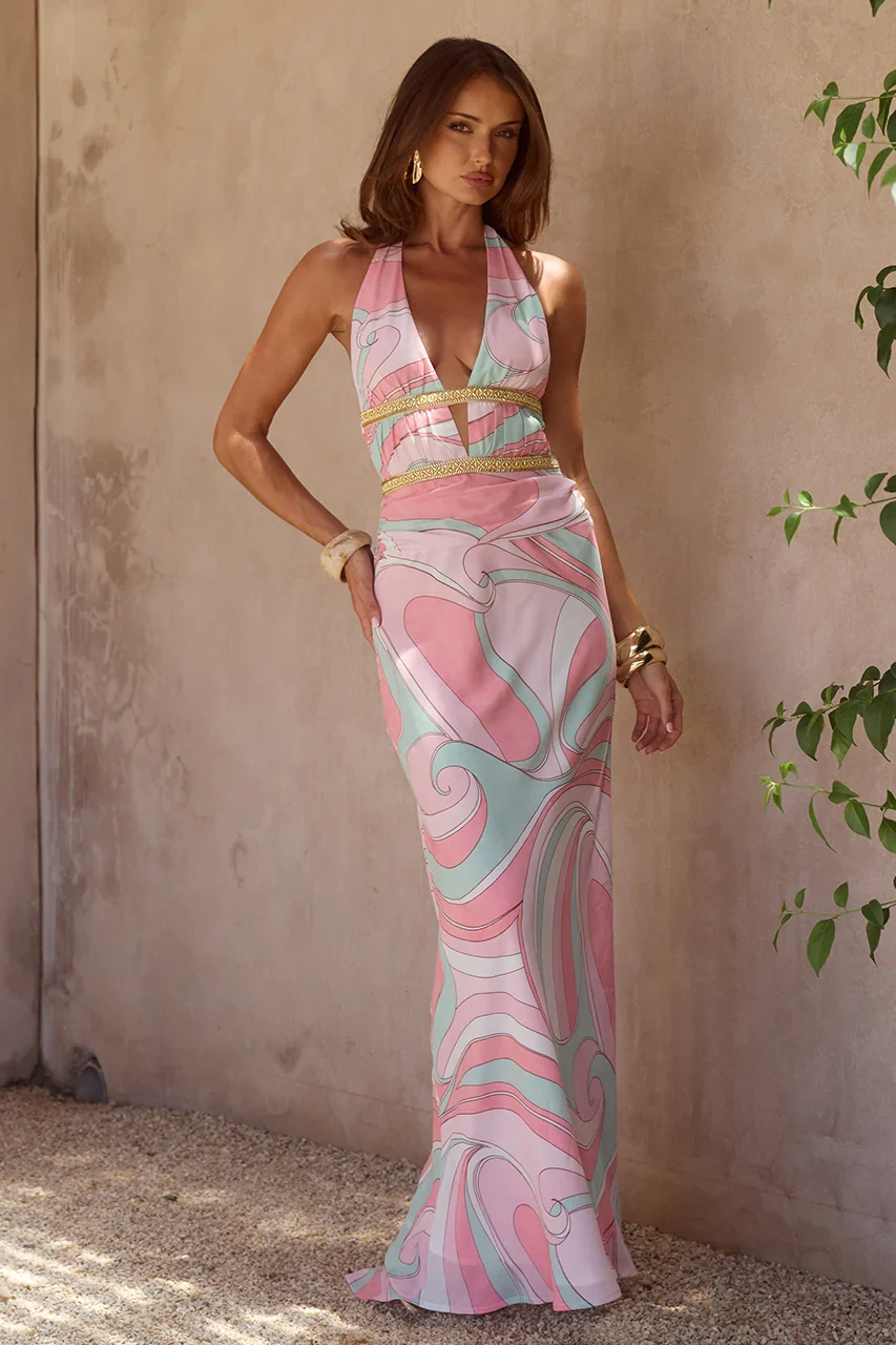 XYLIA HALTER LOW PLUNGE MAXI DRESS - CAMINO PINK