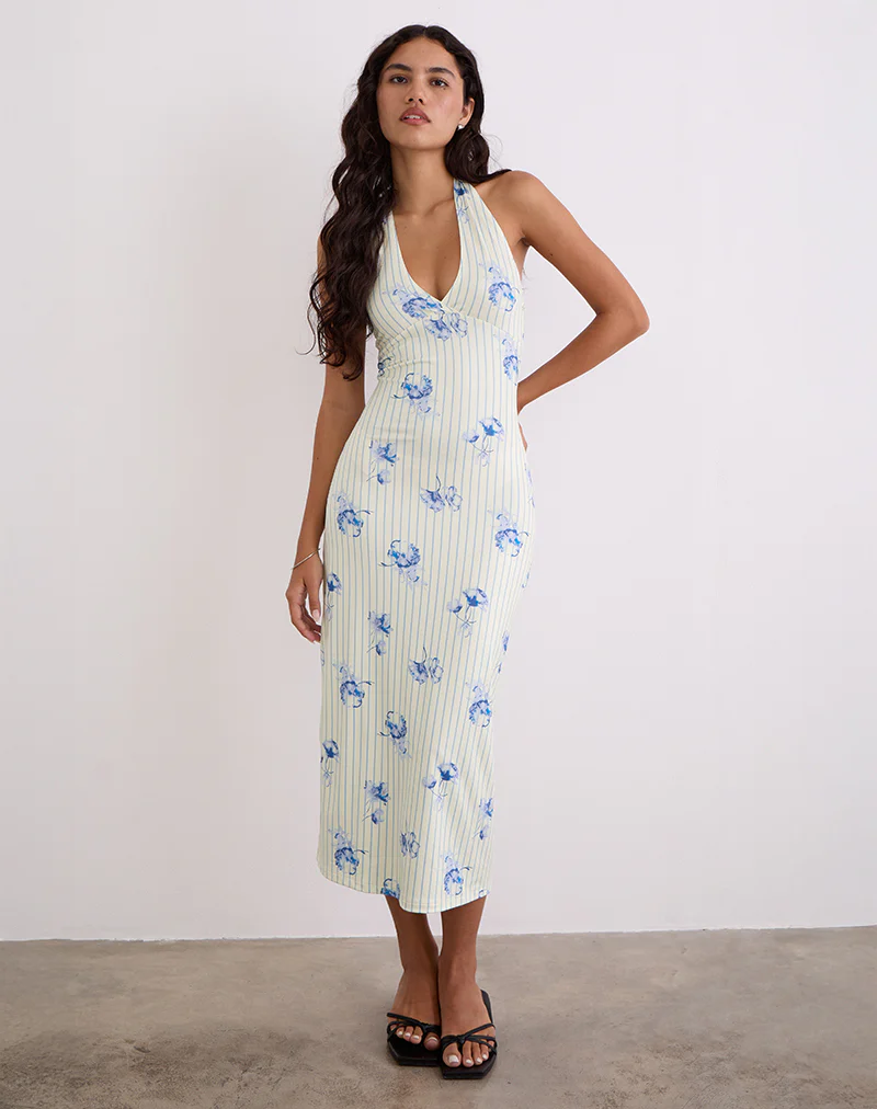 Fadwa Midi Dress in Floral Stripe Cream