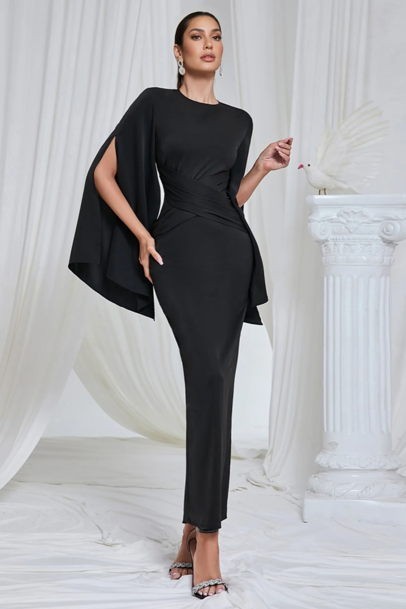 Nali Solid Black Round Neck Maxi Dress