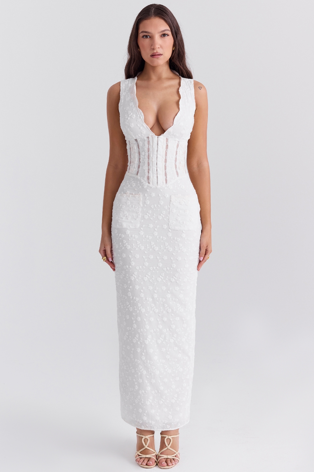white cotton broderie anglais plunge maxi dress