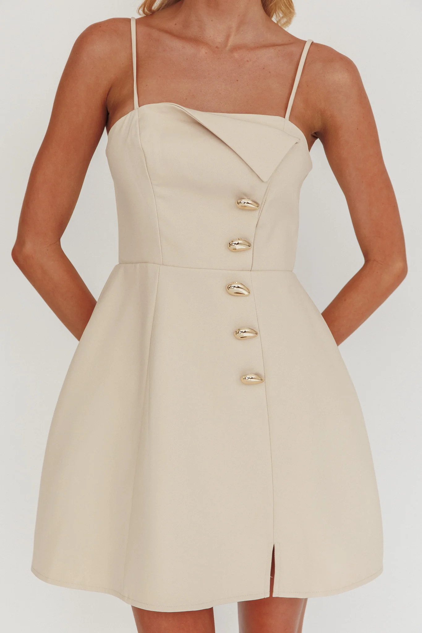 Captivated Button Feature Mini Dress Stone - luluinthesky