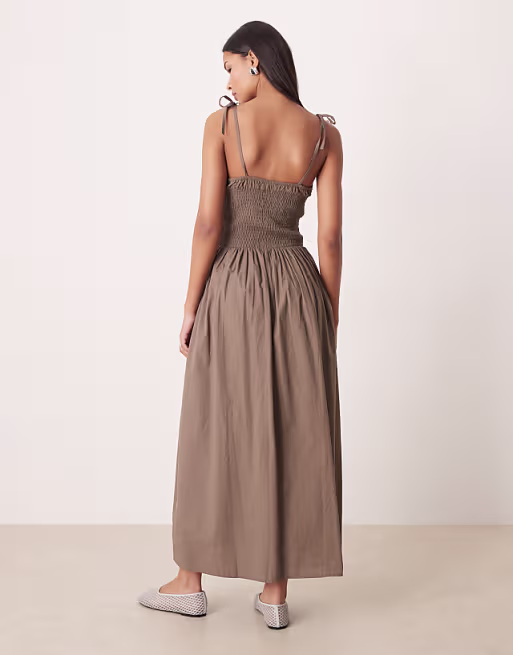 Esmée shirred detail maxi beach dress in brown