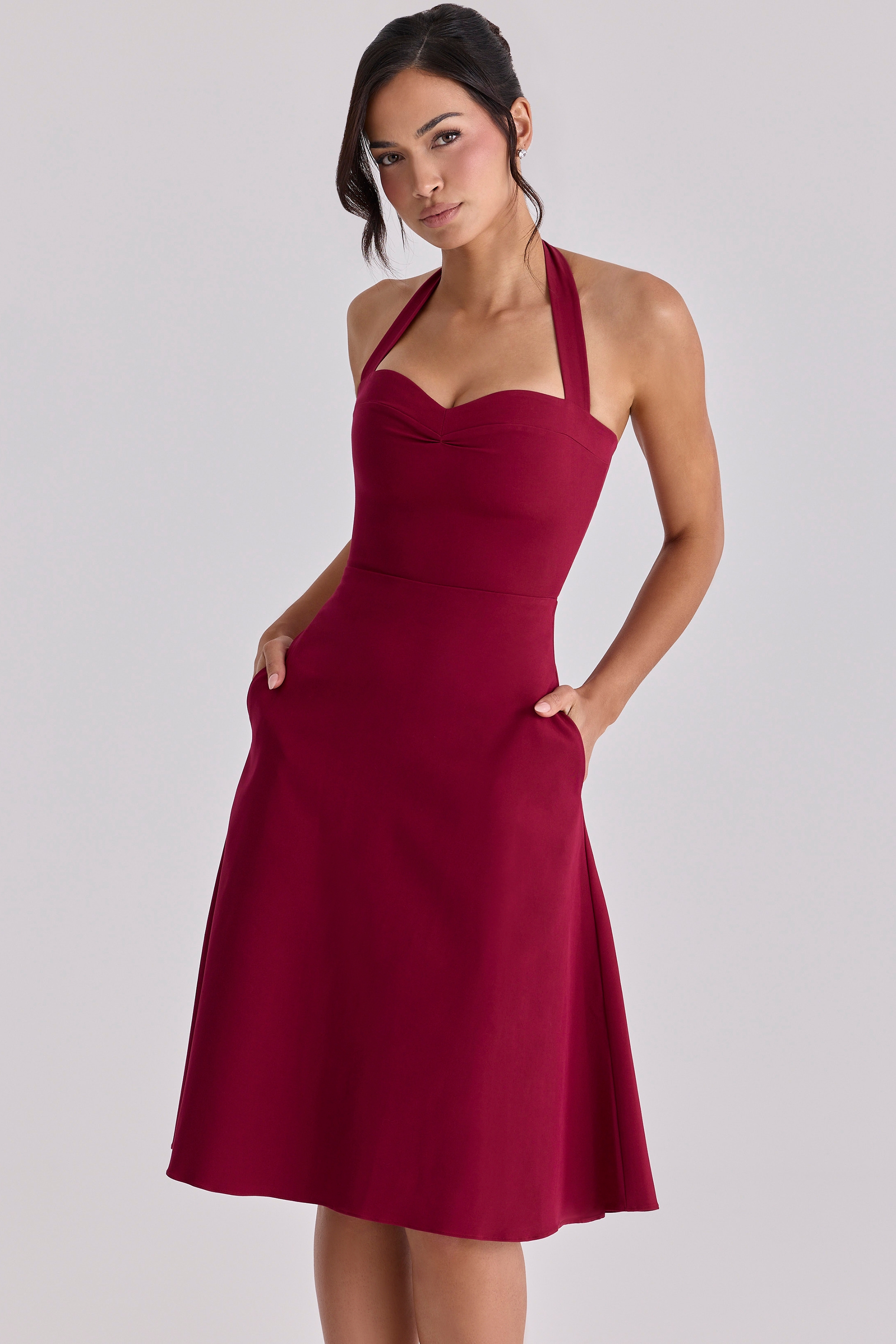 wine soft twill halter neck midi dress