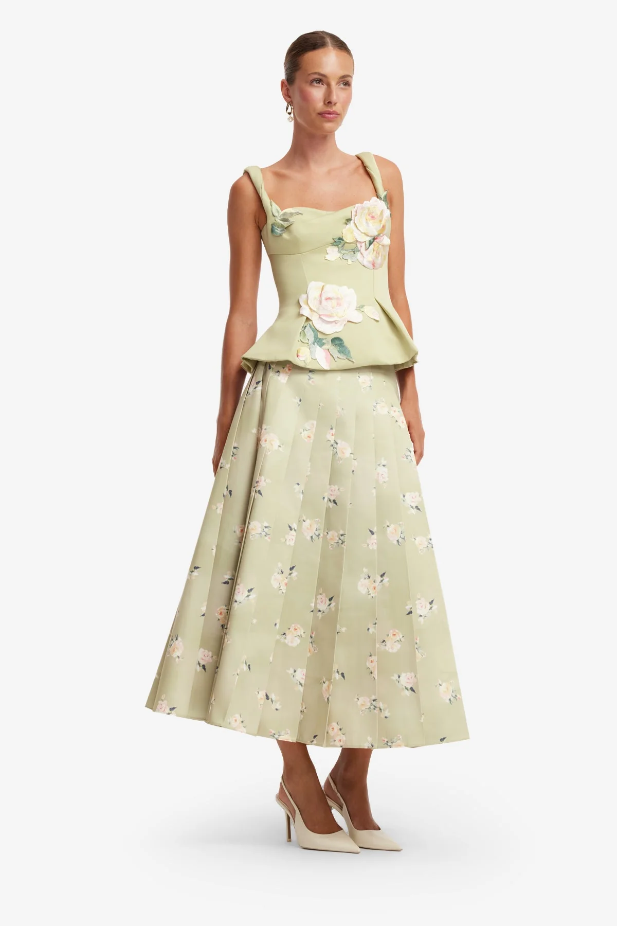 June Pleated Maxi Skirt - Pistachio Rose Print