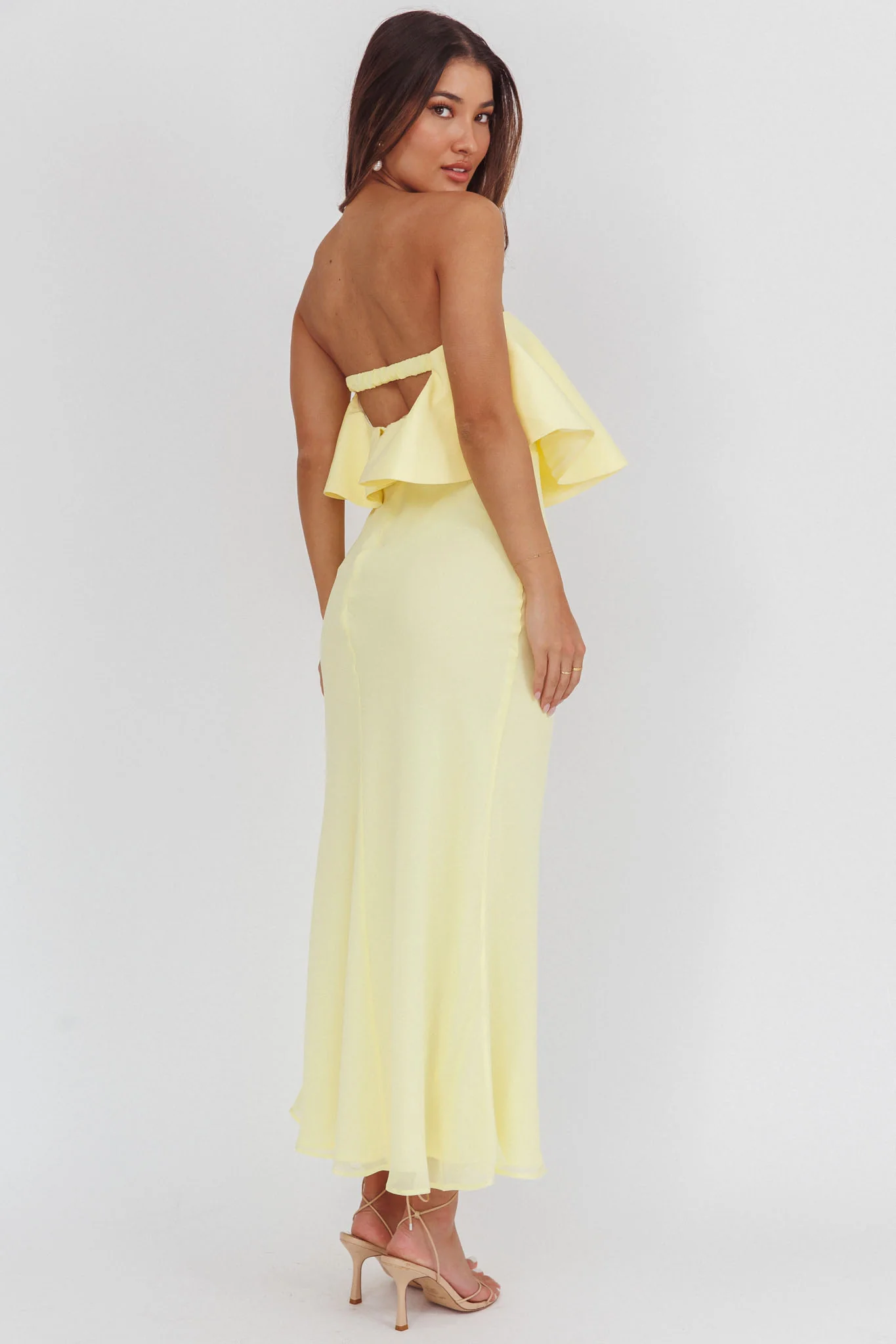 Nerina Strapless Ruffle Neckline Maxi Dress Panna Cotta