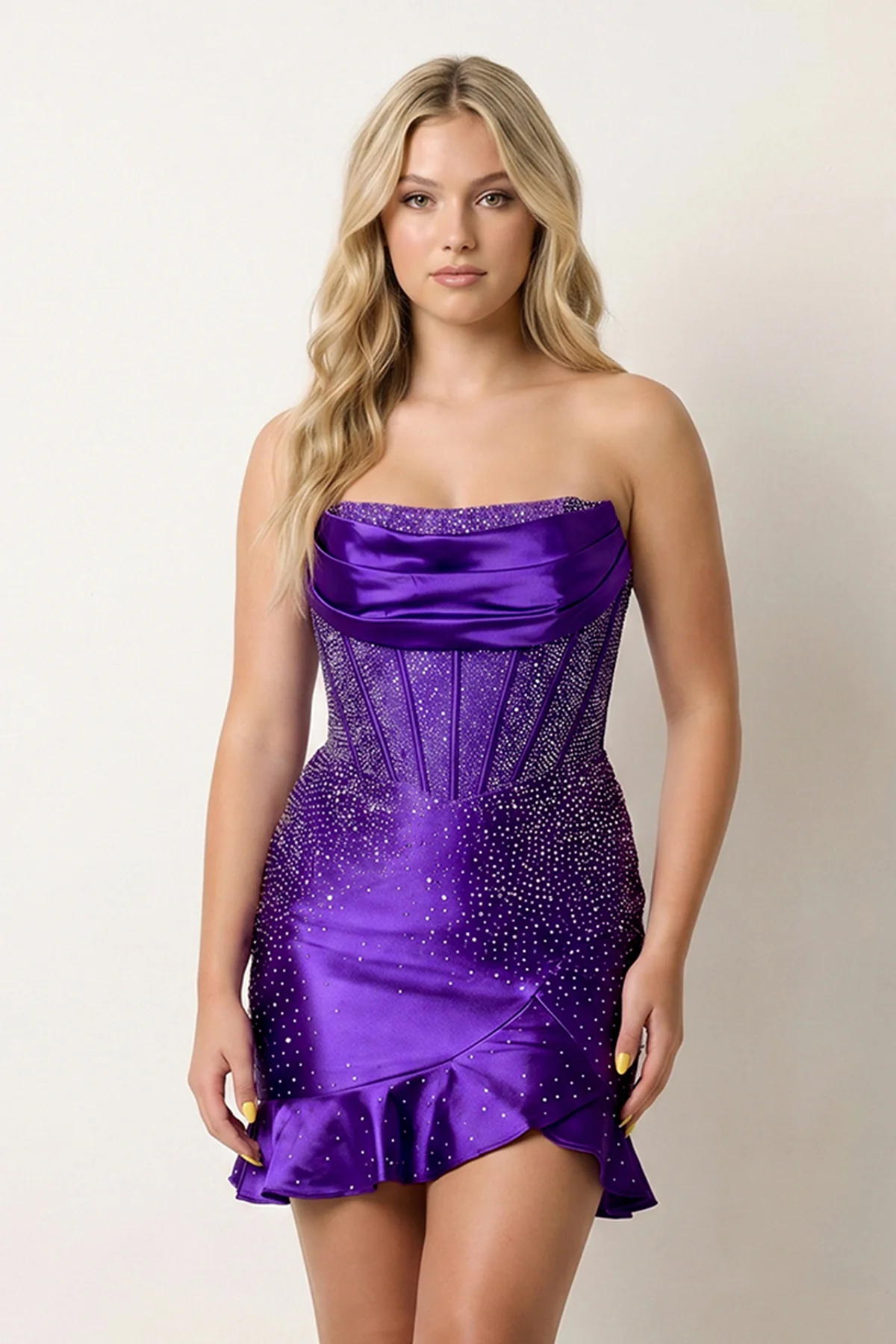 Purple - Strapless Bodycon Satin Pleated Homecoming Dresses With Beading