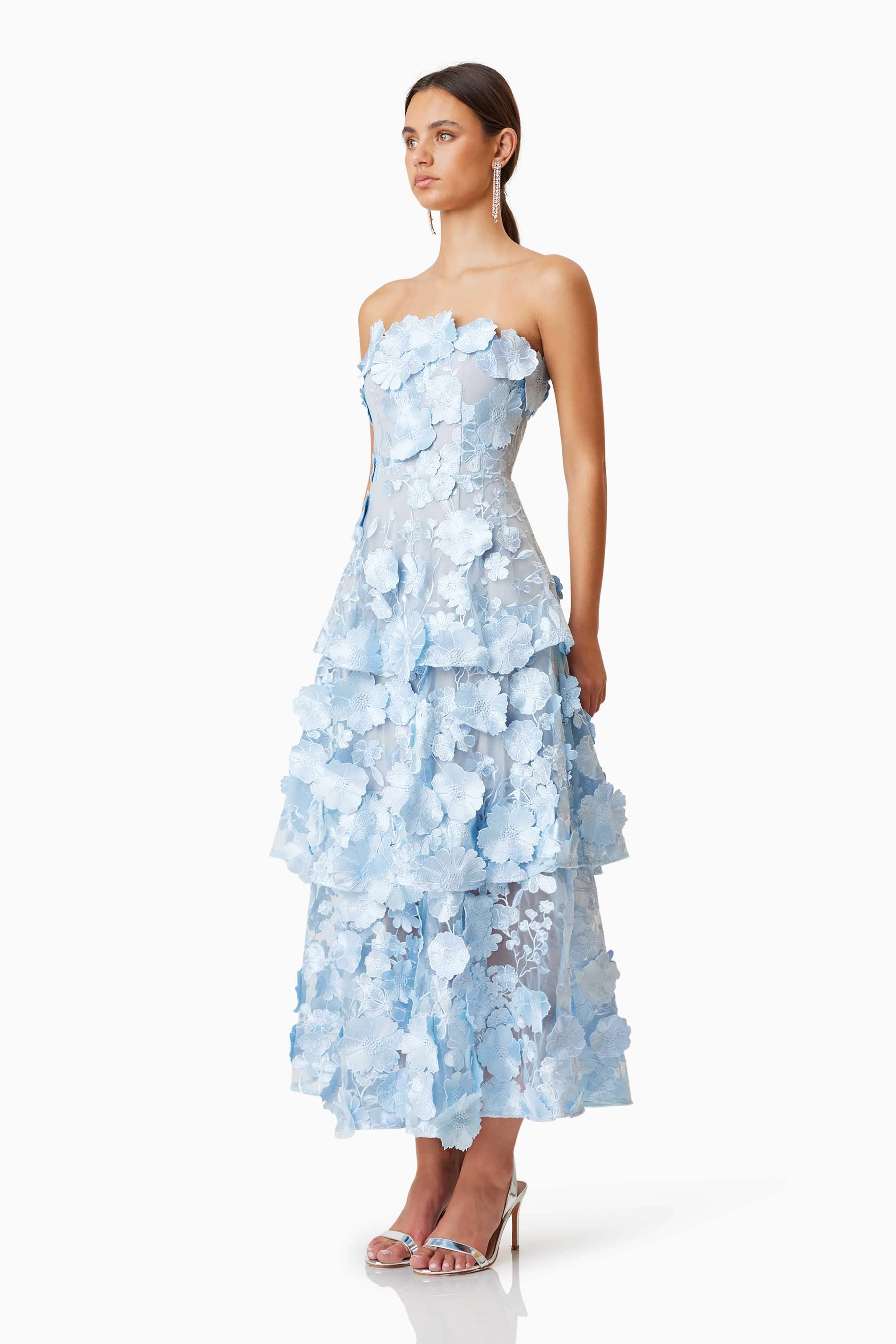 Selene Maxi Tiered 3D Dress In Blue