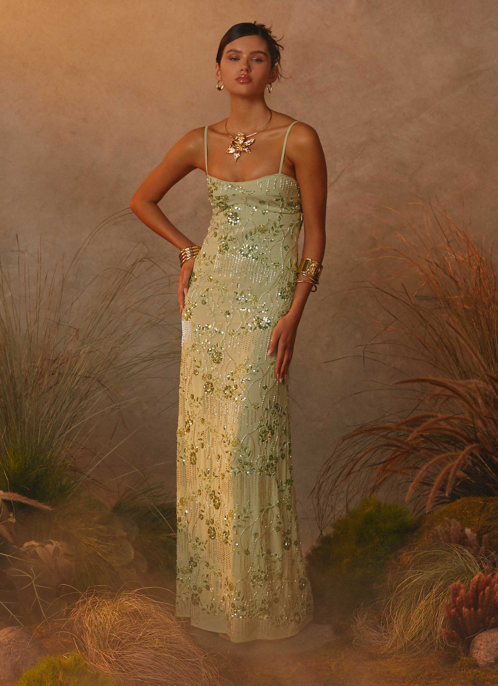 Celandine Beaded Maxi Dress - Lime - luluinthesky
