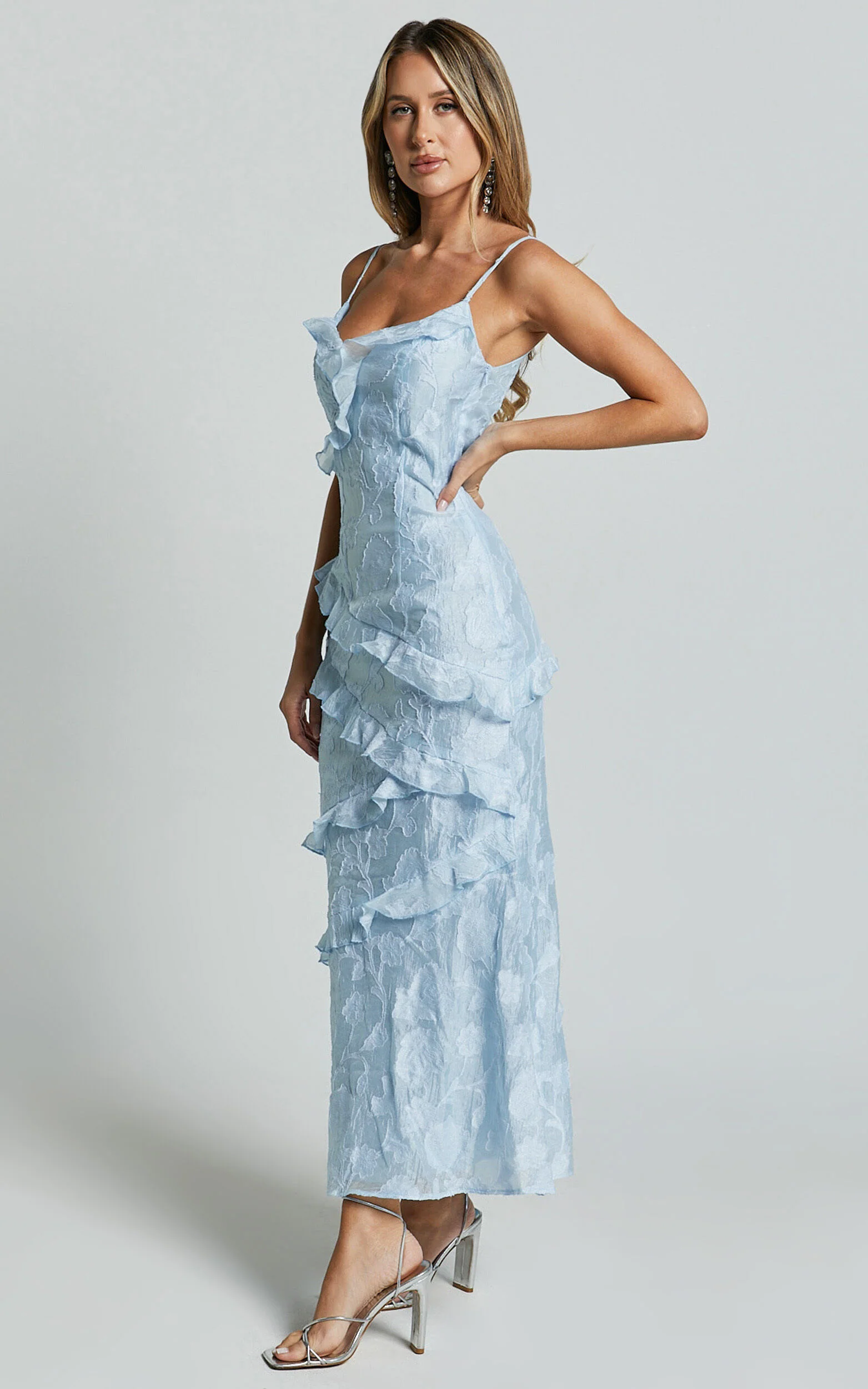 Michaela Midi Dress - Jacquard Ruffle Detail Tiered Dress in Light Blue