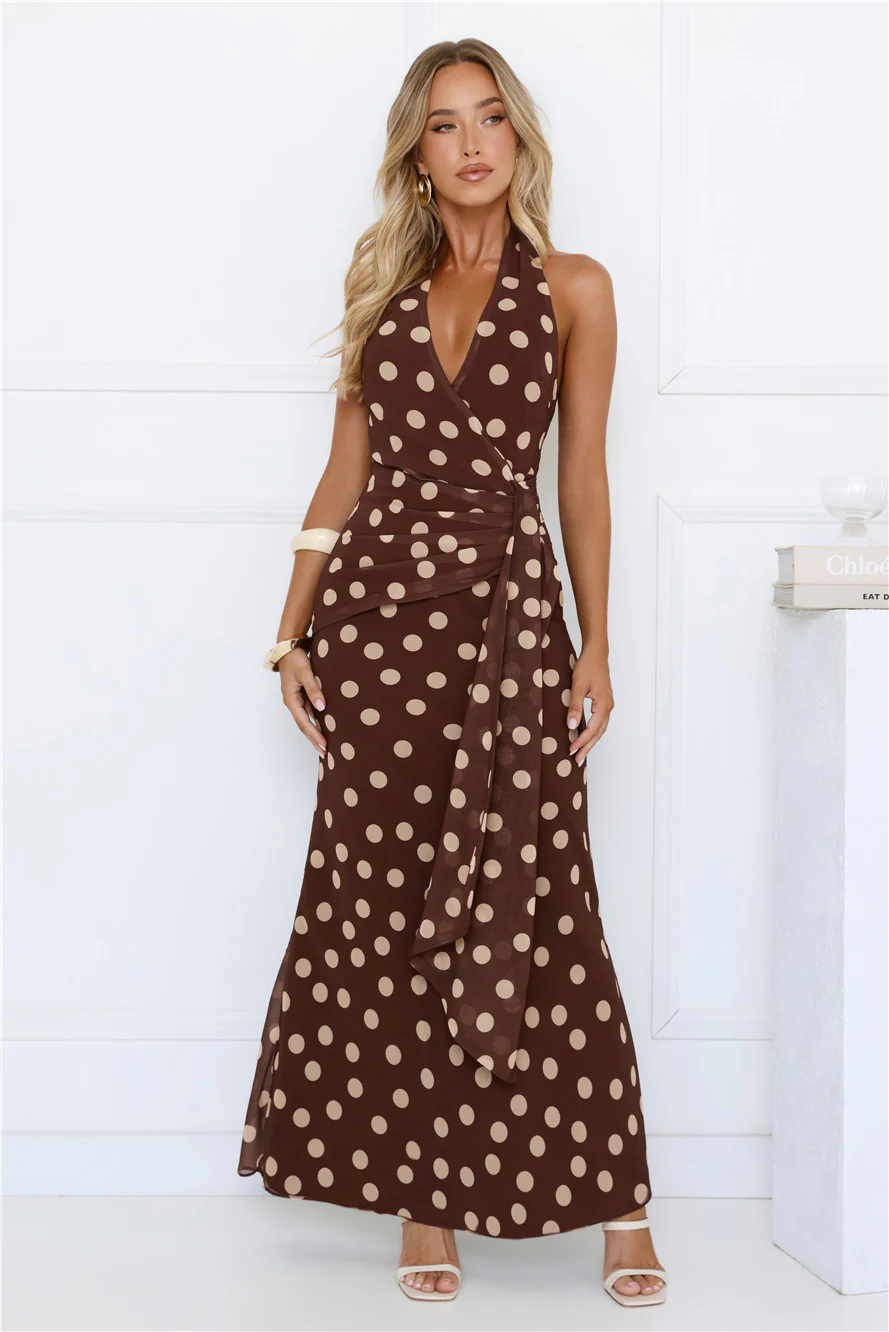 Nova Nights Halter Polka Dot Maxi Dress Brown