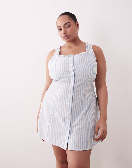 Esmée Curve beach mini dress with ruffle trim in blue & white stripes