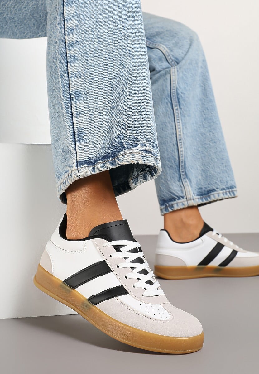 Beżowo-Białe Sneakersy w Stylu Klasycznych Tenisówek Zdobione Przeszyciami Ivelfia