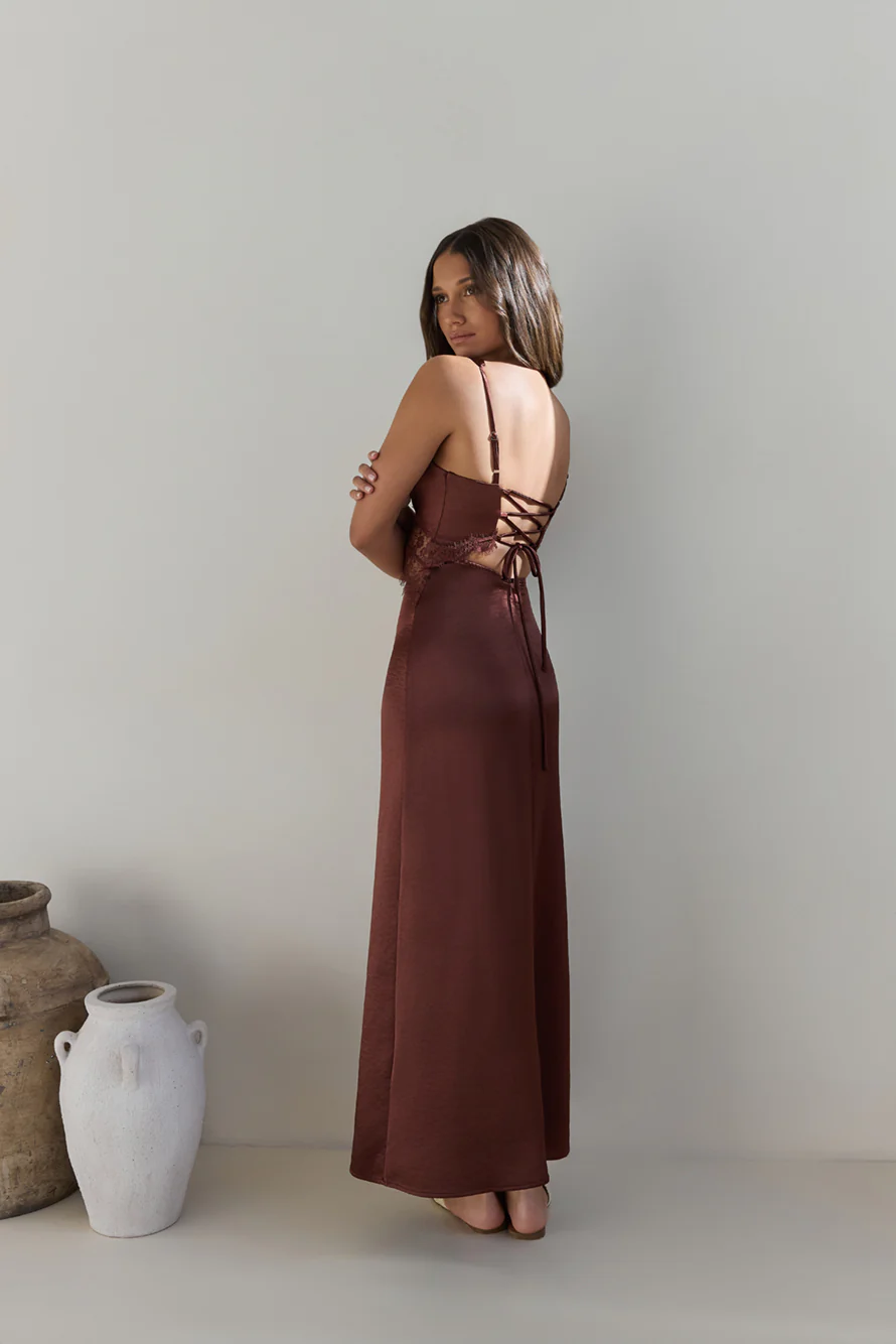 Romantic One Satin Maxi Dress Brown - luluinthesky