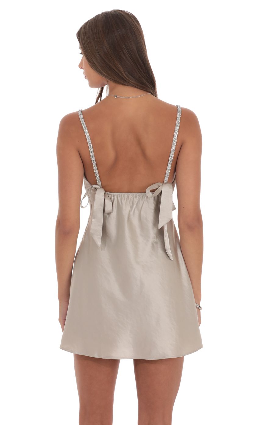 Rhinestone Strap Satin Dress in Taupe