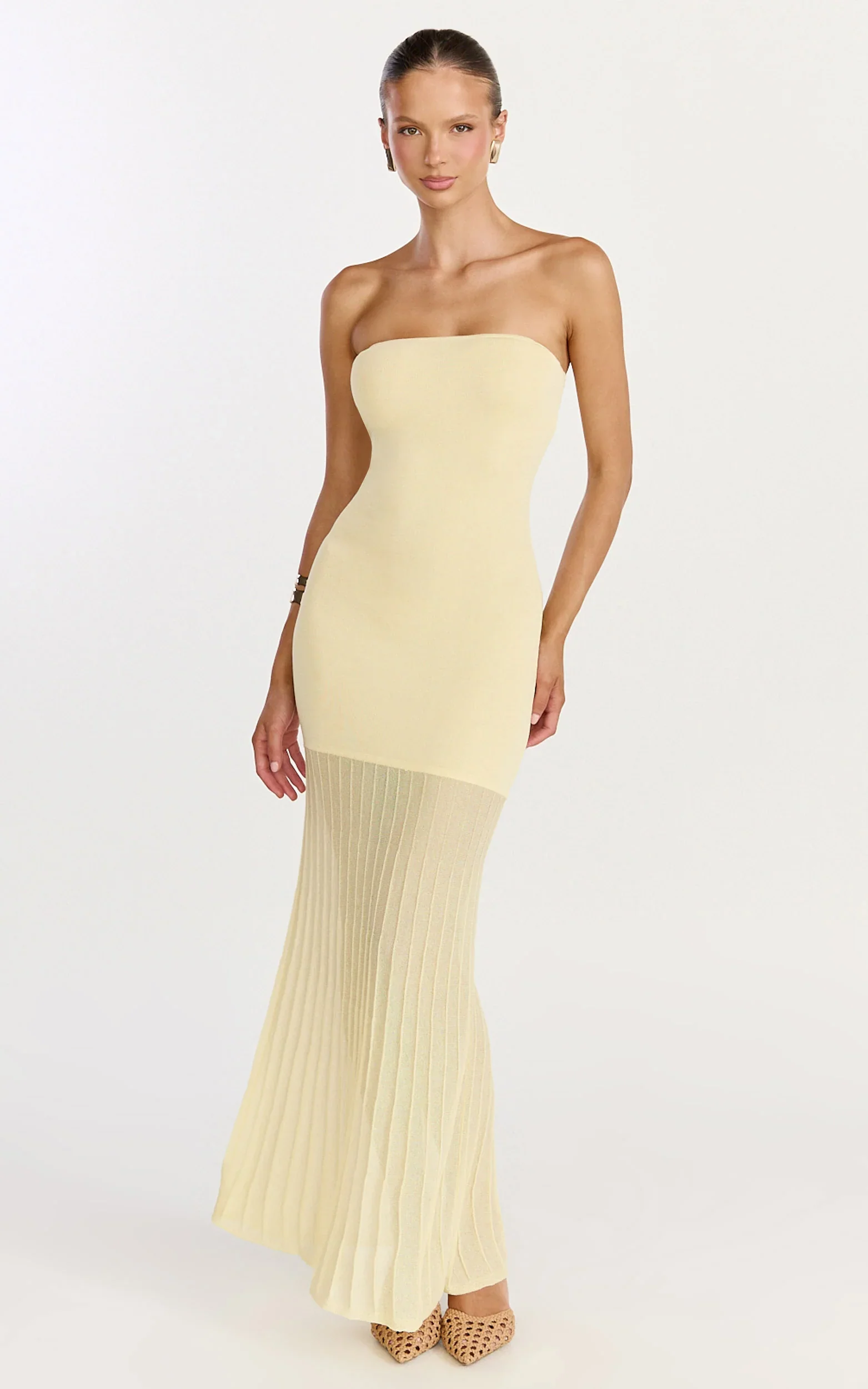 Lucy Maxi Dress - Strapless Pleated Skirt Knitted Dress in Lemon