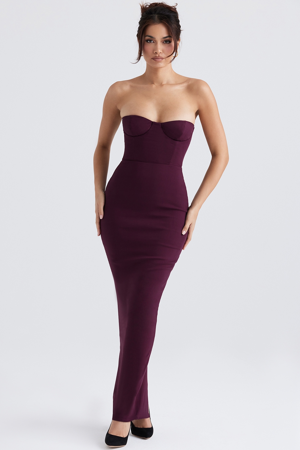grape strapless corset maxi dress