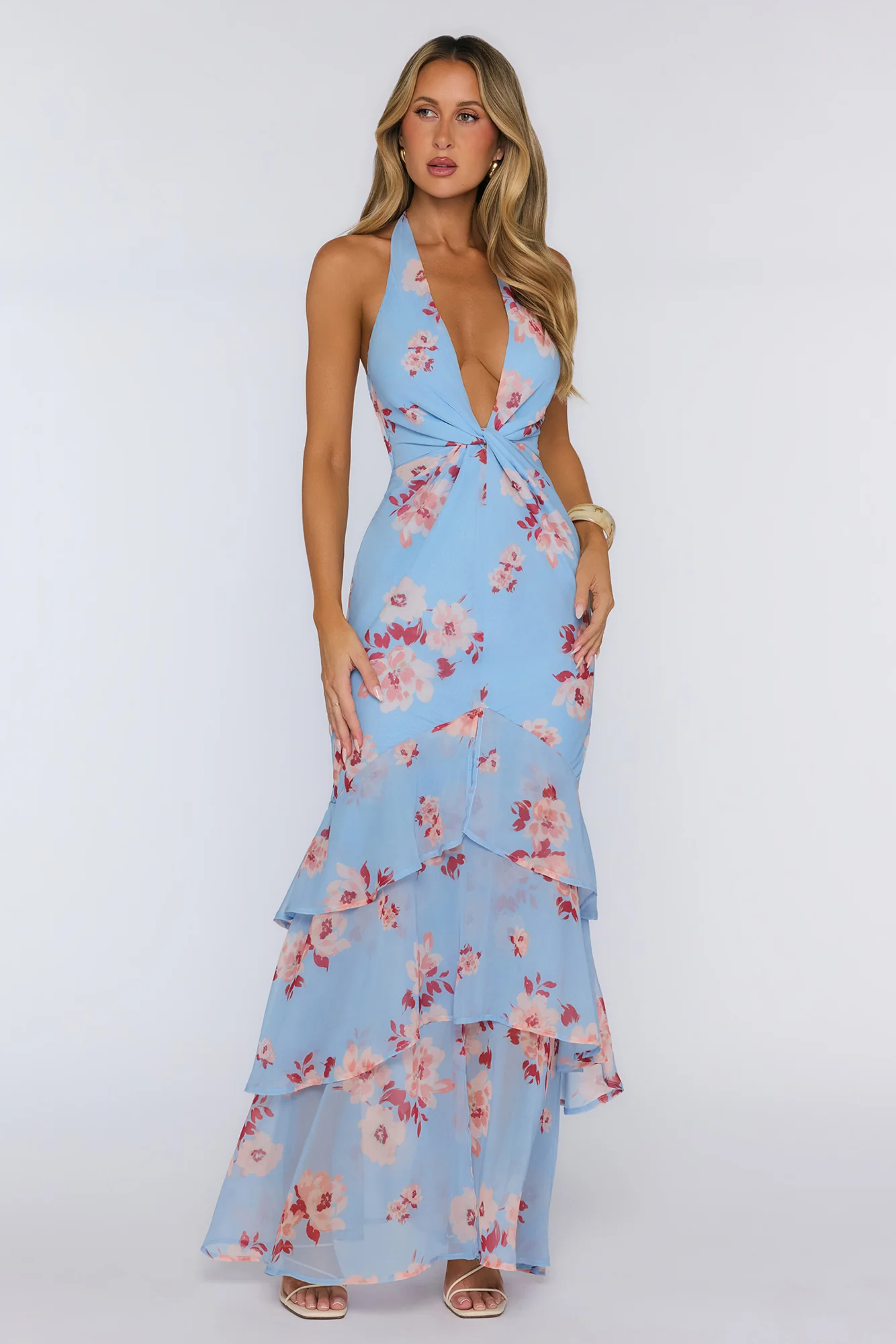 Floral Halter Twist Detail Tiered Maxi Dress Blue